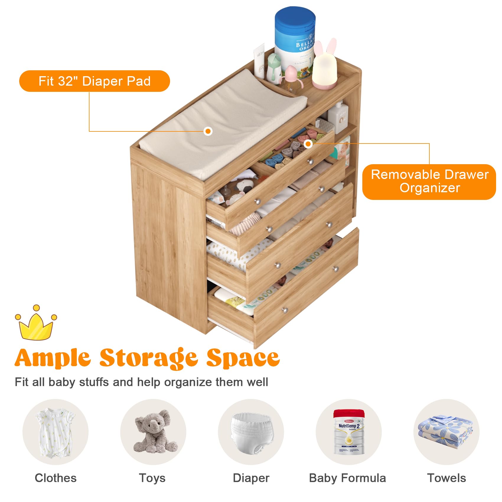 Changing Table Dresser for Nursery, 47.2”L Baby Dresser with 4 Drawers & Adjustable Open Shelves, 2-in-1 Diaper Changing Station with Removable Topper & Drawer Organizer, Natural Wood — view 6
