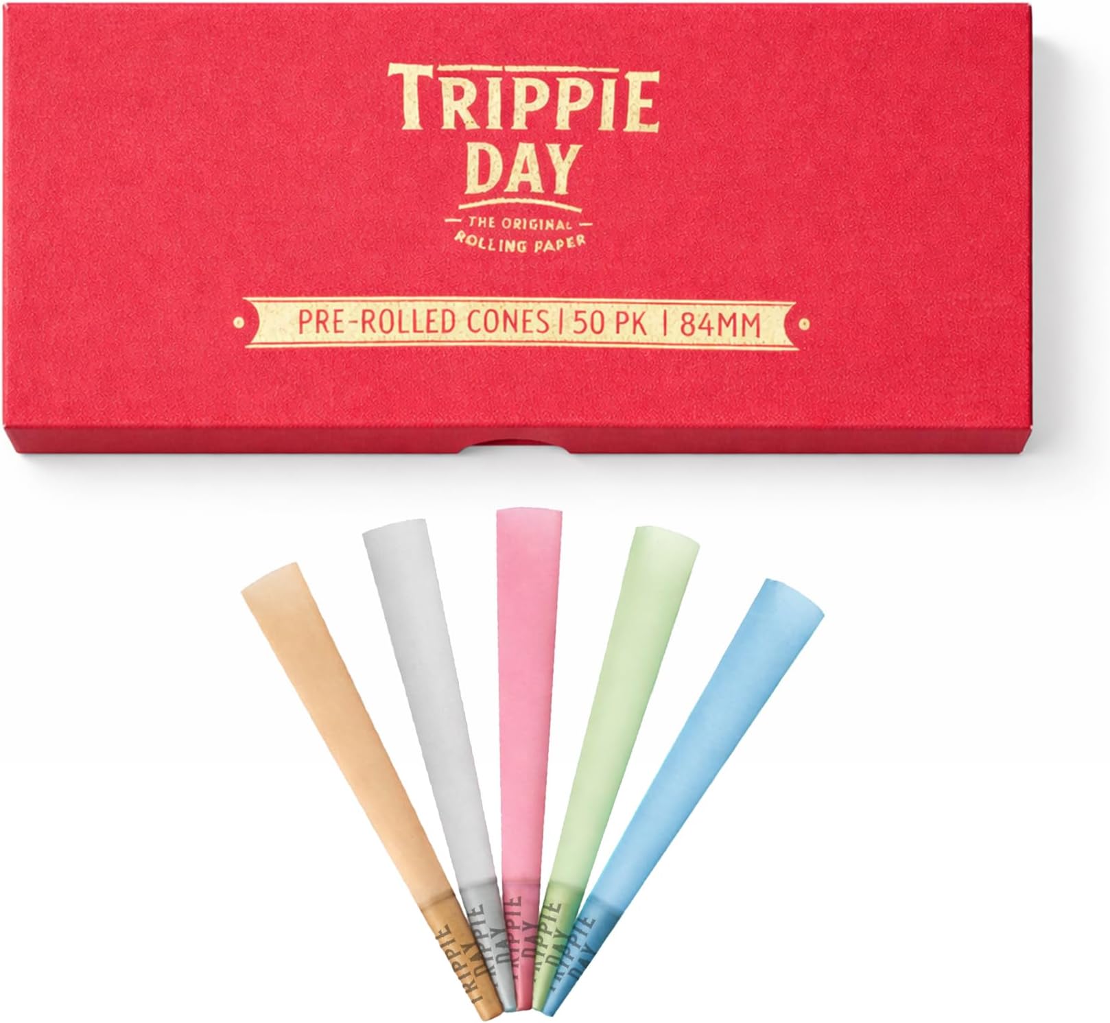Trippie Day Colorful 1 1/4 Pre rolled cones | 50 Pack | 10 each in Blue, Brown, Green, Pink & White color | Slow burning | 84mm | Packaged for gifting in a Red box