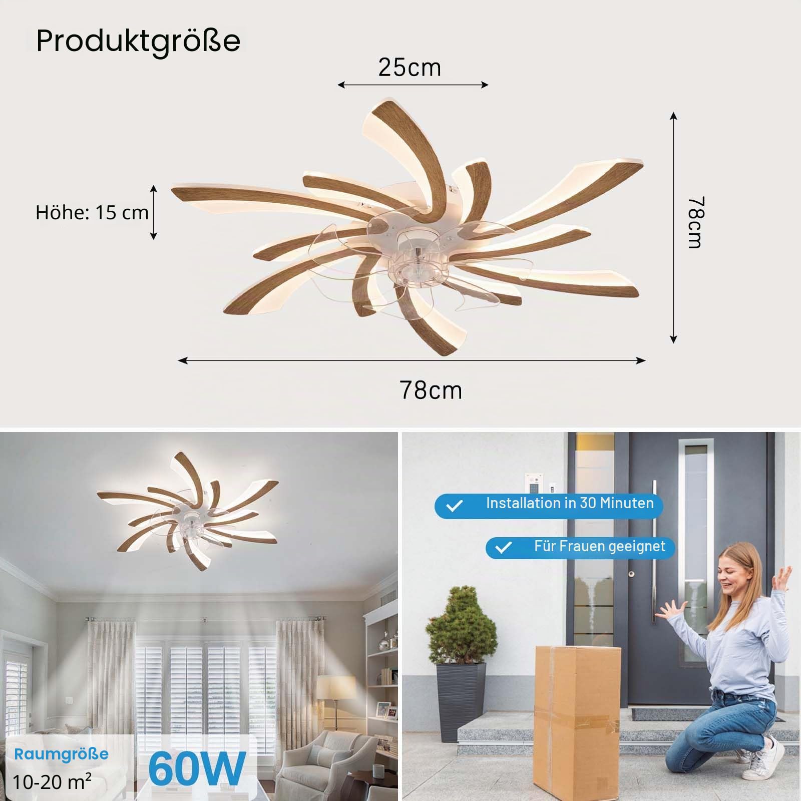 78cm Deckenlampe mit Ventilator Holz led DC Motor für Schlafzimmer | Timer Moderne Deckenventilator mit Beleuchtung und Fernbedienung Leise Design Küche,6-Geschwindigkeit Dimmbar Reversibel