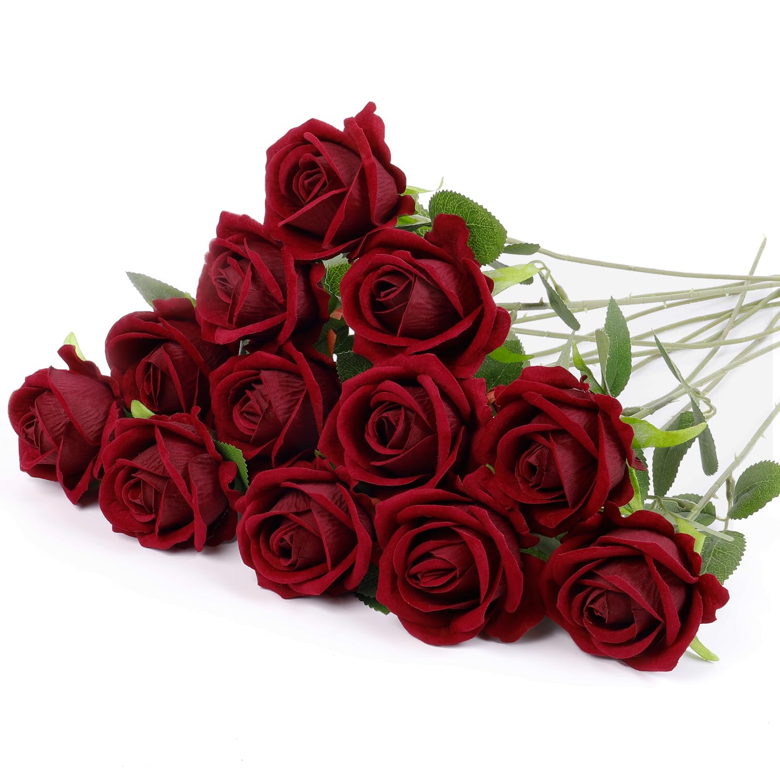 Photo 1 of Solivya 12 Pcs Artificial Rose Flowers, Dark Red Silk Roses with Long Stems, Realistic Fake Roses for Wedding Centerpiece Party Home and Office DIY Decor