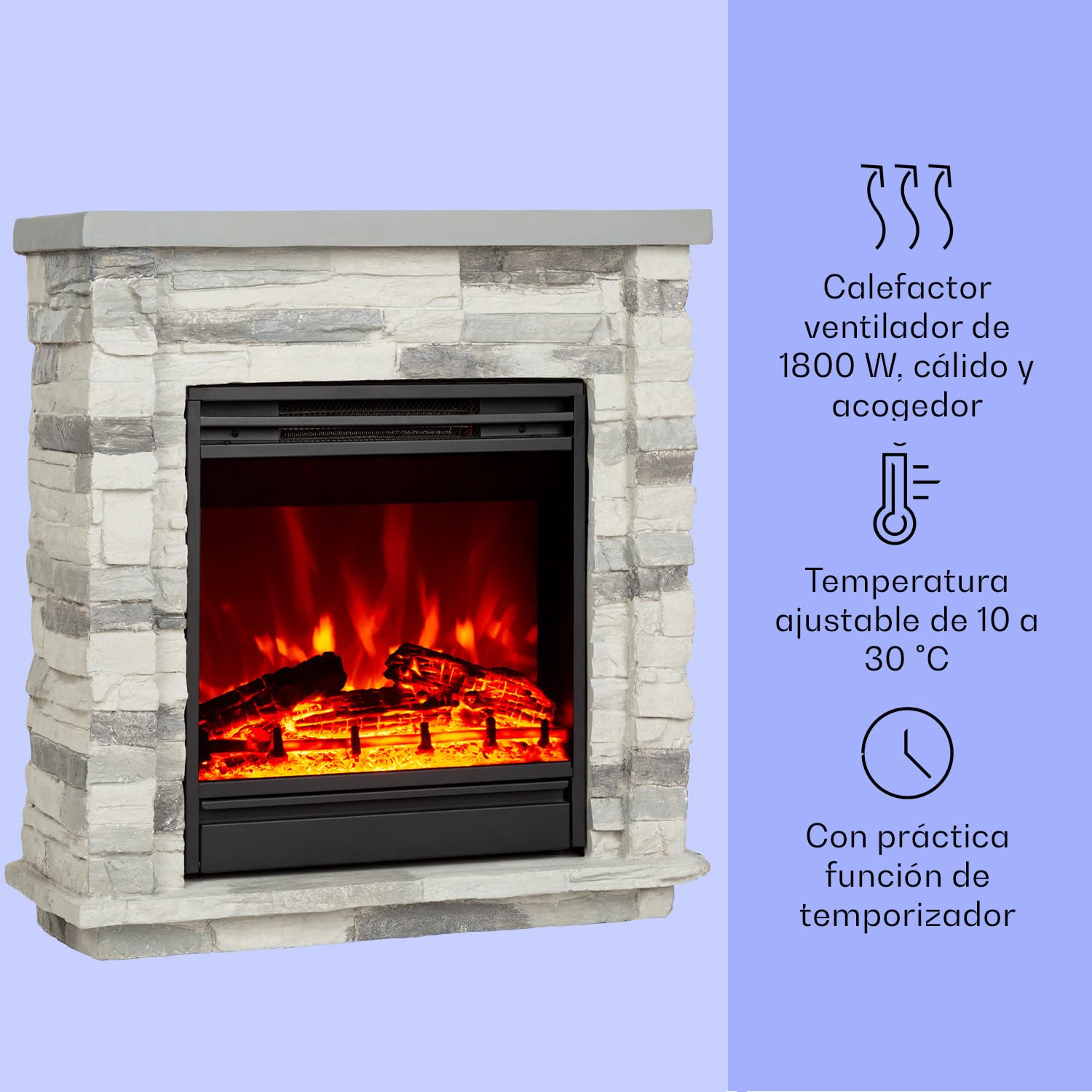 Klarstein Chimenea Electrica Bajo Consumo Pared, Estufa sin Leña de Interior, Chimeneas Electricas Decorativas 1800W, Llama LED, Chimenea Decorativa con Mando, Temporizador y Efecto Real Troncos