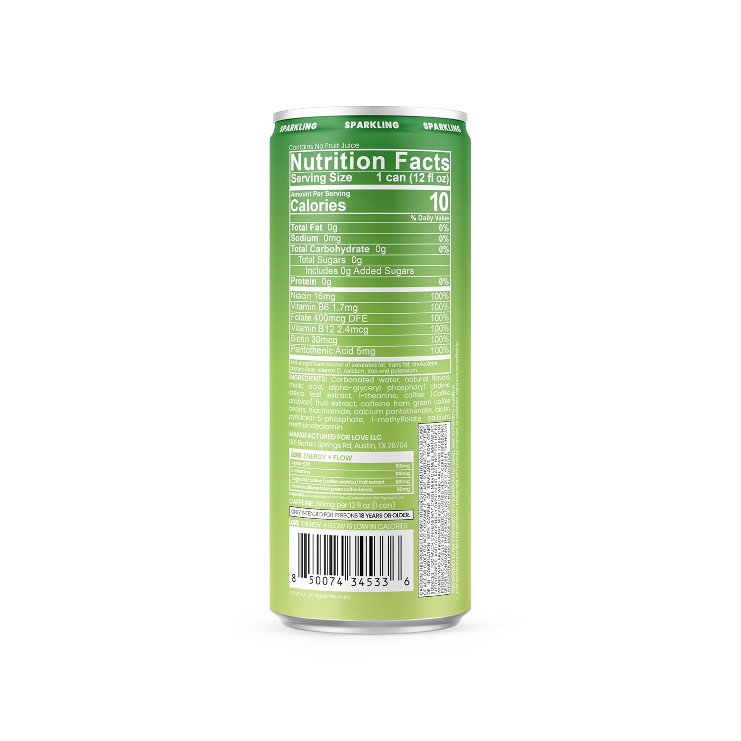 Be LOVE™ Nootropic Energy Drink – 80mg Natural Caffeine, L-Theanine & Alpha-GPC for Clean Calm Focus – Zero Sugar, Low Calorie, 100% DV B-Vitamins – Non-GMO, Vegan – 12 fl oz (Pack of 12) (Green Apple Spark)