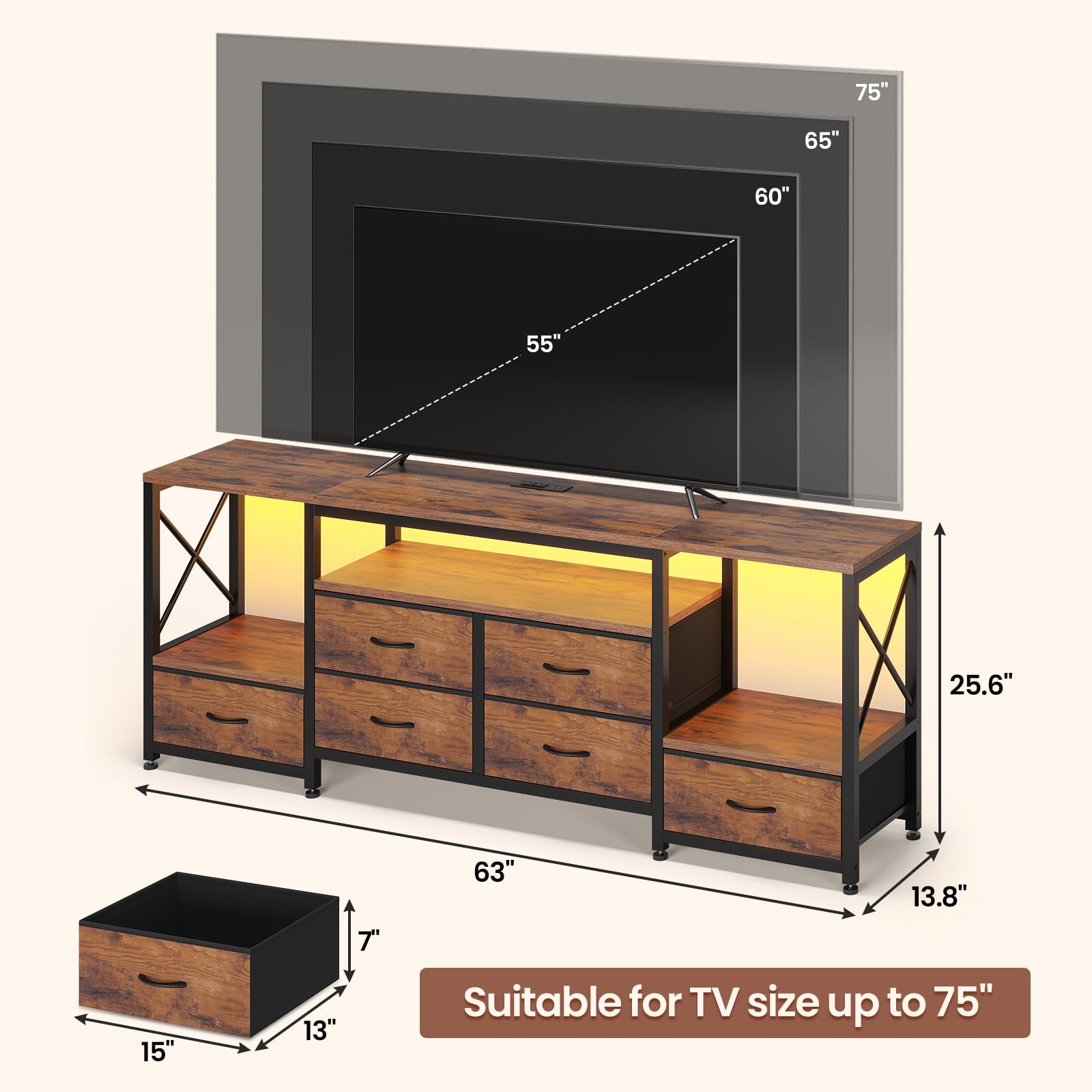 HAUOMS TV Stand for 75 Inch TV, Entertainment Center with LED Light & Power Outlets,63