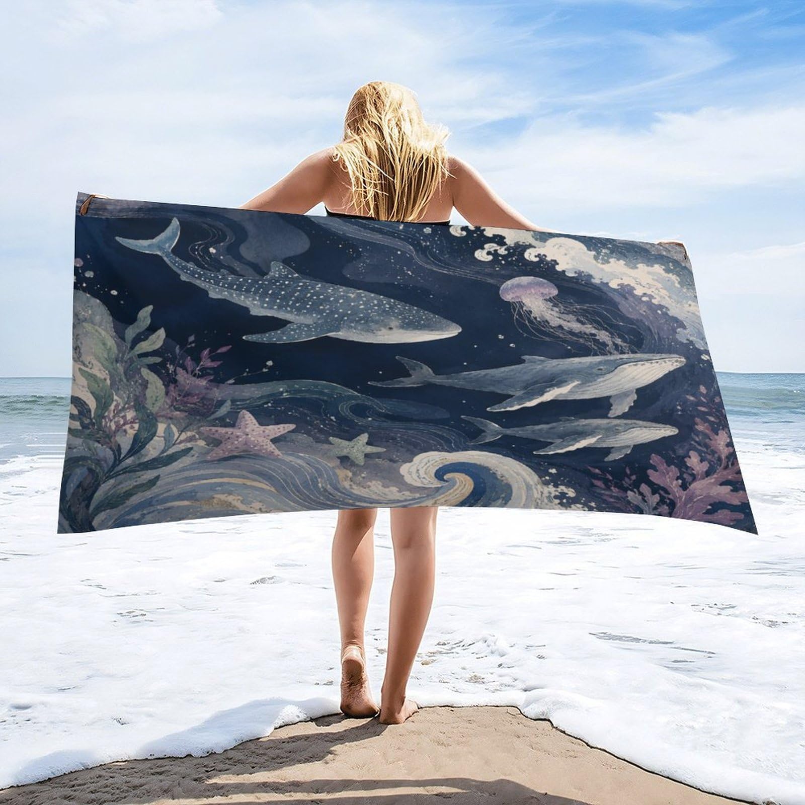Anceky Whale Shark and Jellyfish Ocean Scene Beach Towel 32"×63",Soft Microfiber Bath Towel Shawl, Quick Dry Absorbent Pool Spa Gym Shower Towel