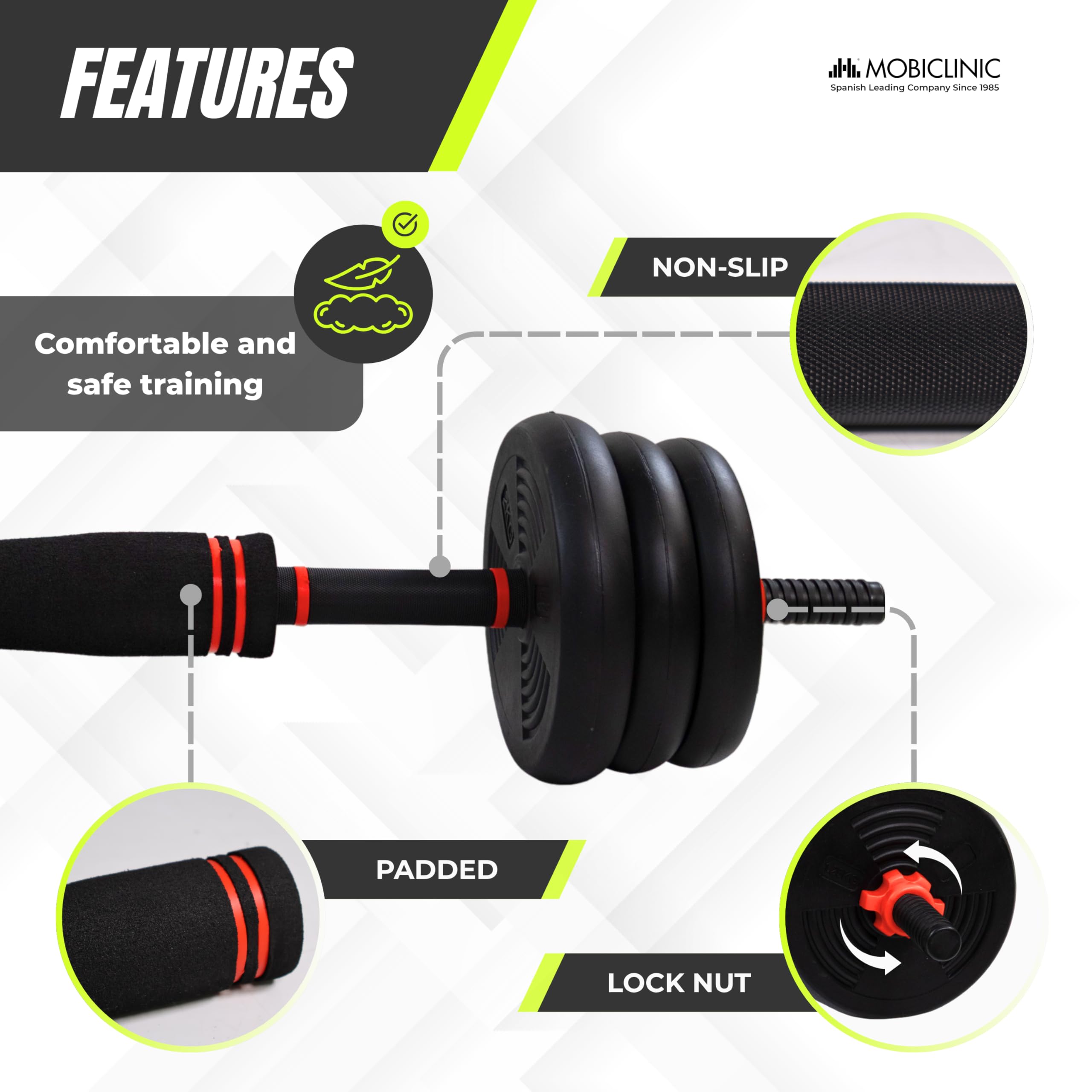 Mobiclinic®, Mancuernas Ajustables 20 Kg, 4 en 1, Juego de Pesas, Mancuernas, Kettlebells y Soporte para Flexiones, Barra de Conexión, Agarre Antideslizante, Mobimax, Gimnasio en Casa, Fitness