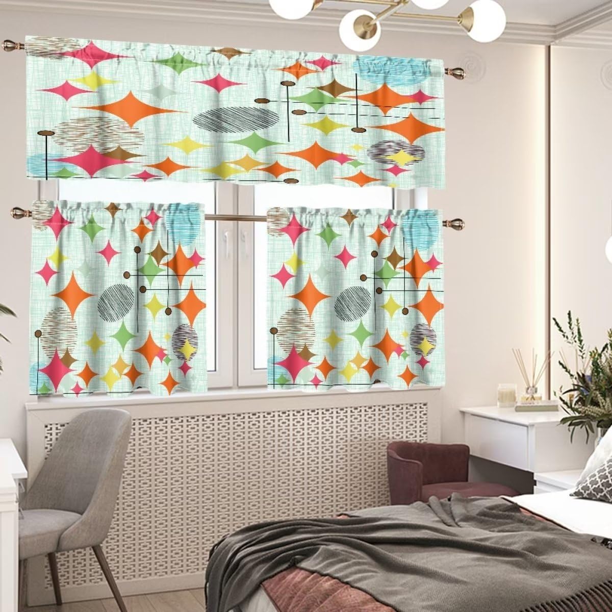 Abstract Kitchen Curtain Valance and Tiers Set Colored Retro Modern Geometric Short Curtain Office Living Room Bedroom Dining Room 54 x 18 inches + 27.5 x 24 inches *2