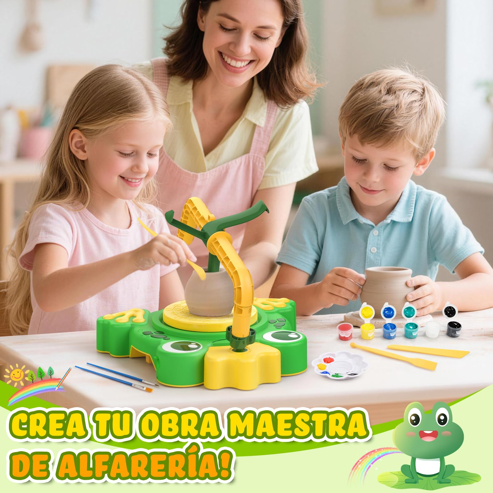 Naxudcoo Torno de Alfarería para Niños, Kit Manualidades Niños con Arcilla y Pinturas, Kit de Cerámica de Rana, Juguete Educativo de Manualidades, Regalo de Cumpleaños para Niñas 6+ Años