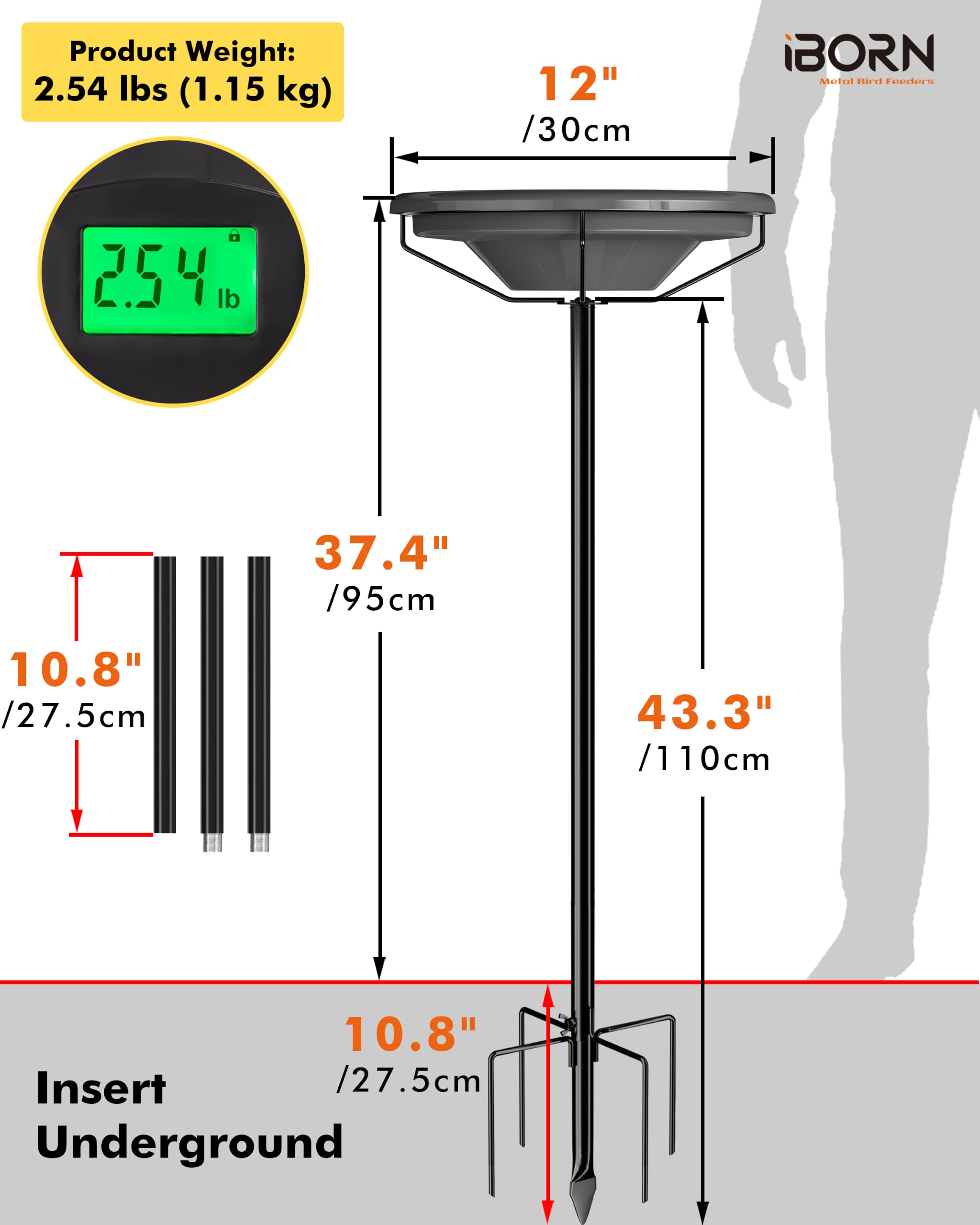iBorn Kąpiel dla ptaków na zewnątrz, 92 cm metalowe wolnostojące łaźnie dla ptaków z 3 drążkami o regulowanej wysokości, 30 cm miska bez BPA, podstawa z 5 zębami, szara, 1 opakowanie (nie zawiera