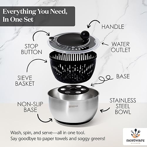 Miniatura 2 de Molinillo de ensalada de acero inoxidable, lechuga, secadora de verduras y frutas, capacidad de 5 litros, base antideslizante (acero inoxidable 304,