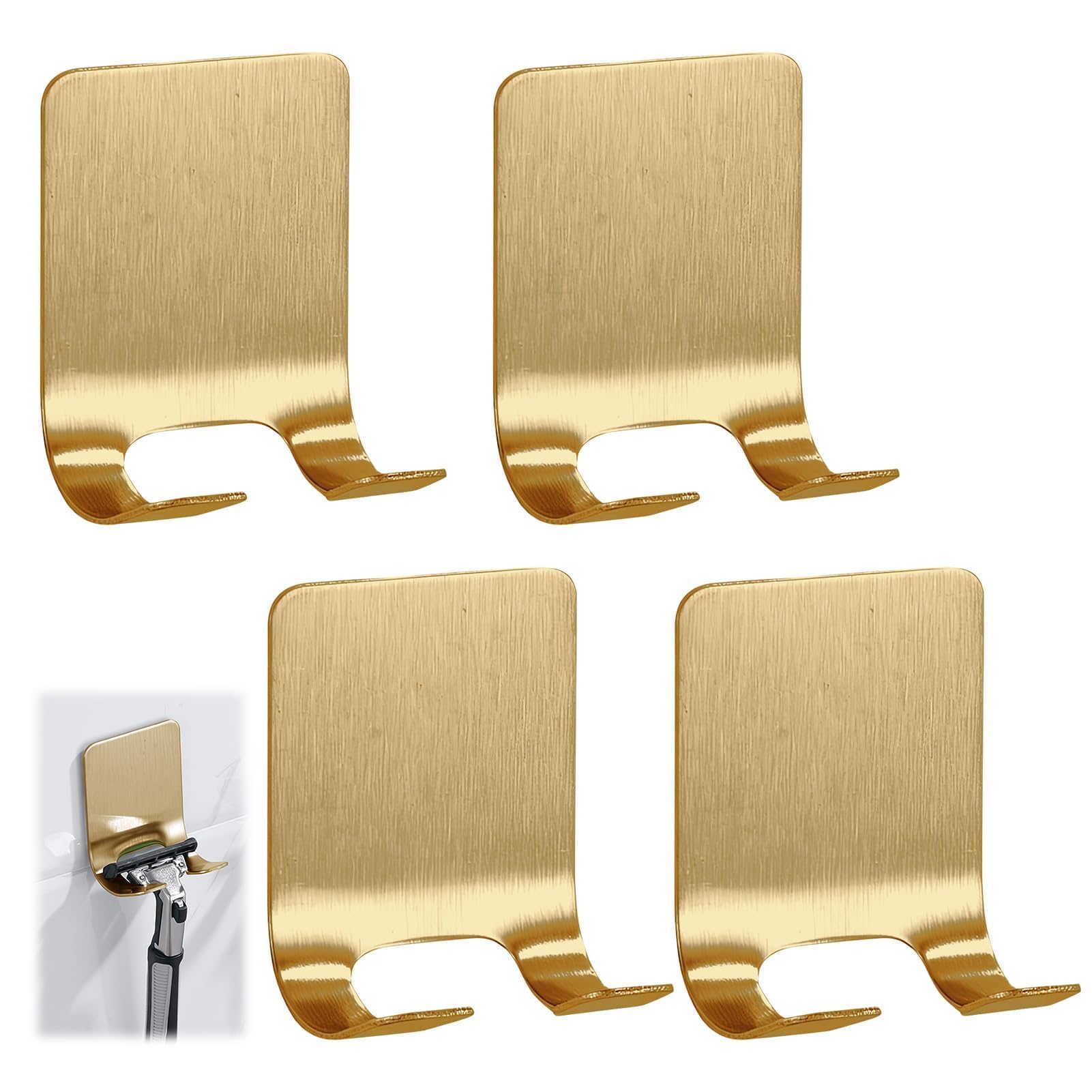 4 Pcs Gold Razor Loofah Holder for Shower Self Adhesive Waterproof Shaver Hooks Waterproof for wall Metal Heavy