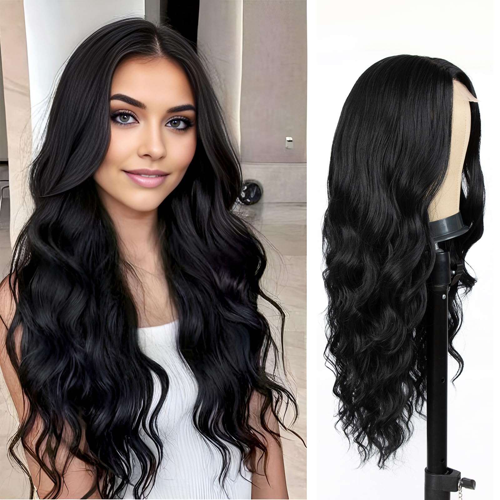 26 inch Lace Hairline Long Black Wigs for Women, Middle Part Long Curly Wig Heat Resistant Synthetic Hair Looking Natural, Fiber Wig for Daily Party