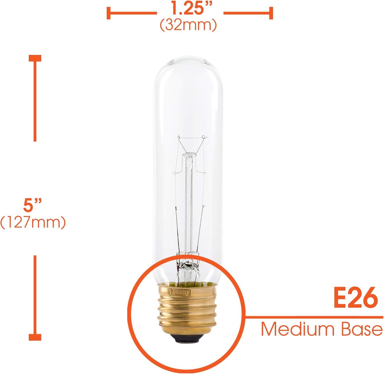 Xtricity 40 Watt T10 Clear Tubular Incandescent Light Bulb, Showcase Lamp, 2700K Soft White, E26 Medium Base, 280 Lumens, 120V, (6 Pack)