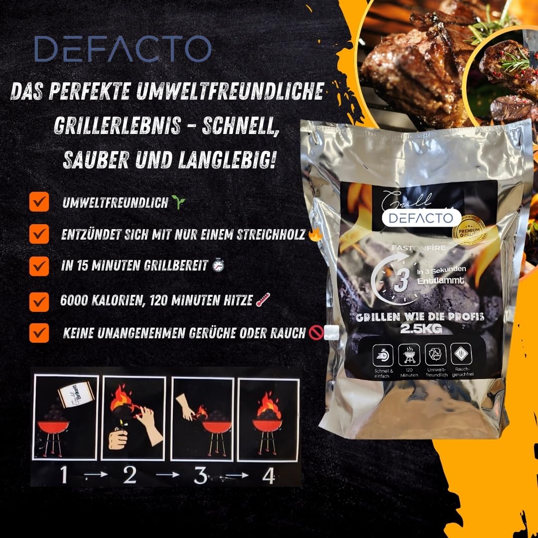 DEFACTO Grill Brikett - Umweltfreundliche Holzkohle für Einfache und Effiziente Grillabende, Schnell Anzündbar, Lange Brenndauer - 15KG