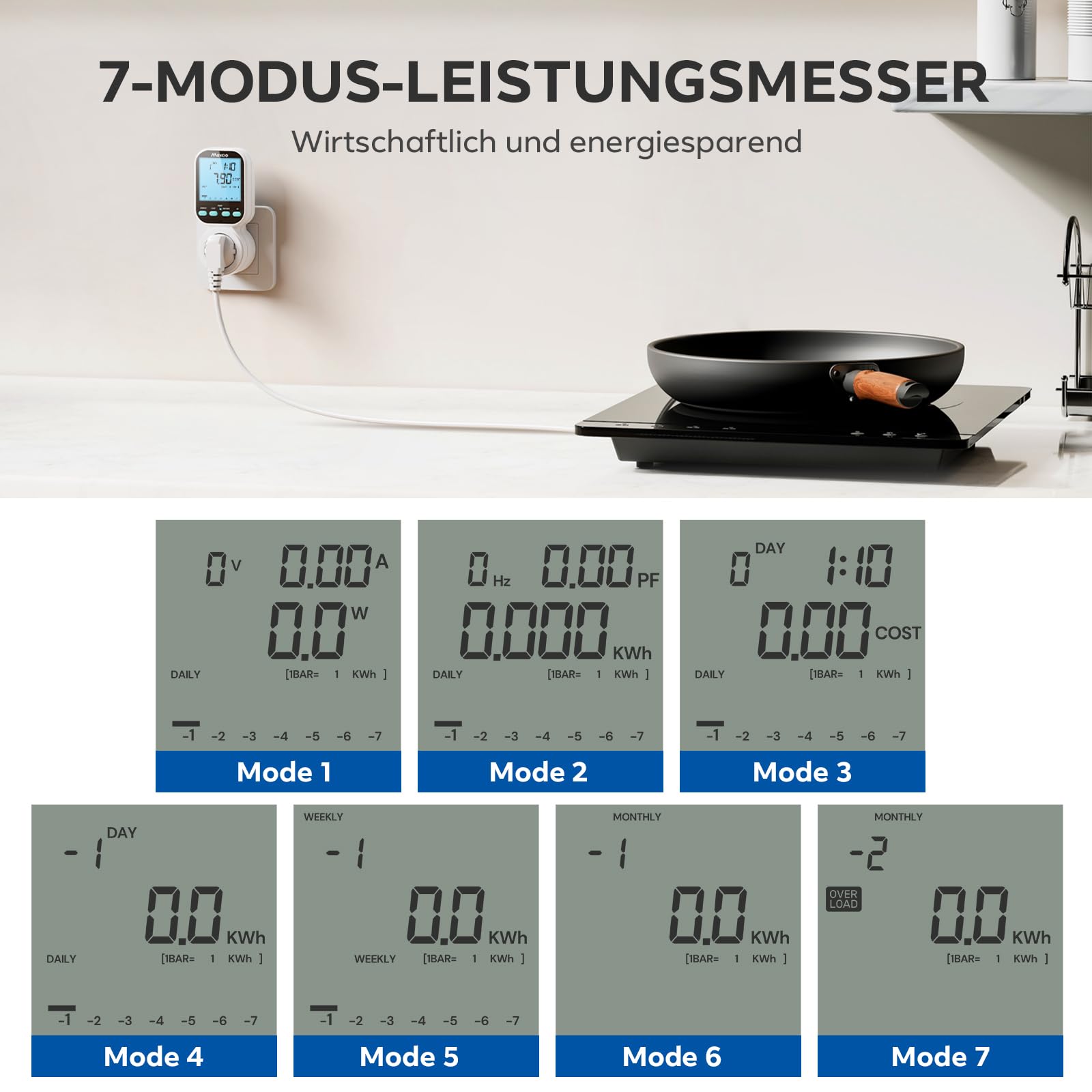 Presa Wattmetro, contatore elettrico digitale, Maxcio a 7 modalità, presa a risparmio energetico con display LCD retroilluminato, monitoraggio della potenza per grandi dispositivi