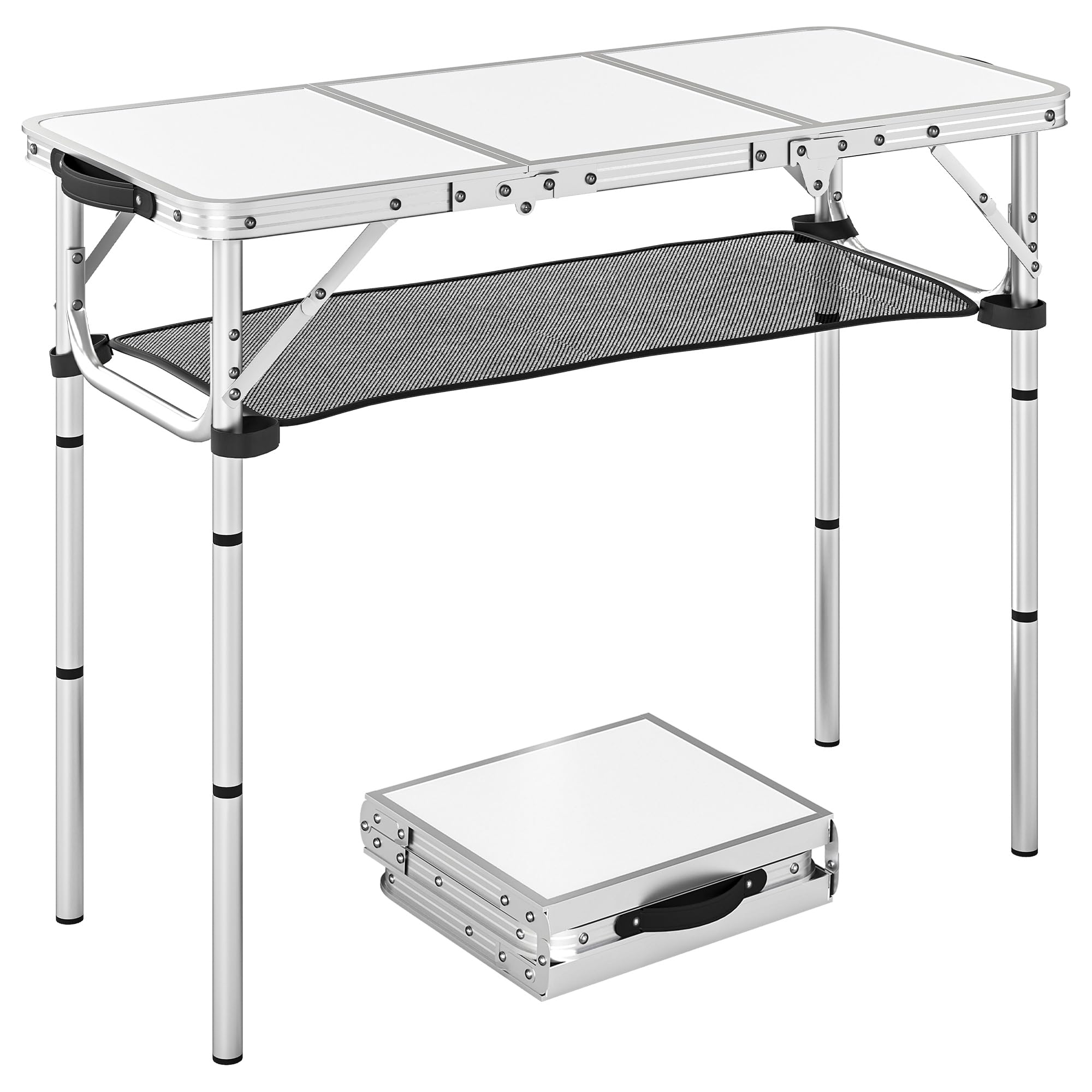 Mesa plegable de camping Outsunny de 91 cm, mesa de picnic con capa de almacenamiento de malla, bolsa de transporte y estructura metálica, portátil para jardín, parque, barbacoa, color blanco crema.