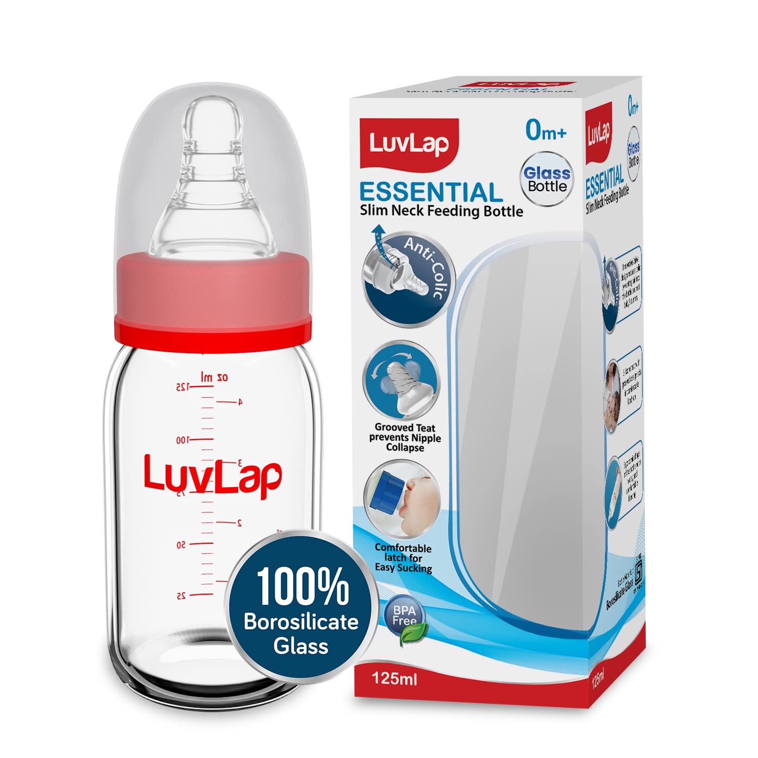 Luv Lap Essential Slim Neck Glass Feeding Bottle, 125ml, 3m+/Babies Upto 3 Years, Made of Borosilicate Glass, BPA Free, Ergonomic Shape is Easy to Hold, with Anti Colic, White & Red, Pack of 1