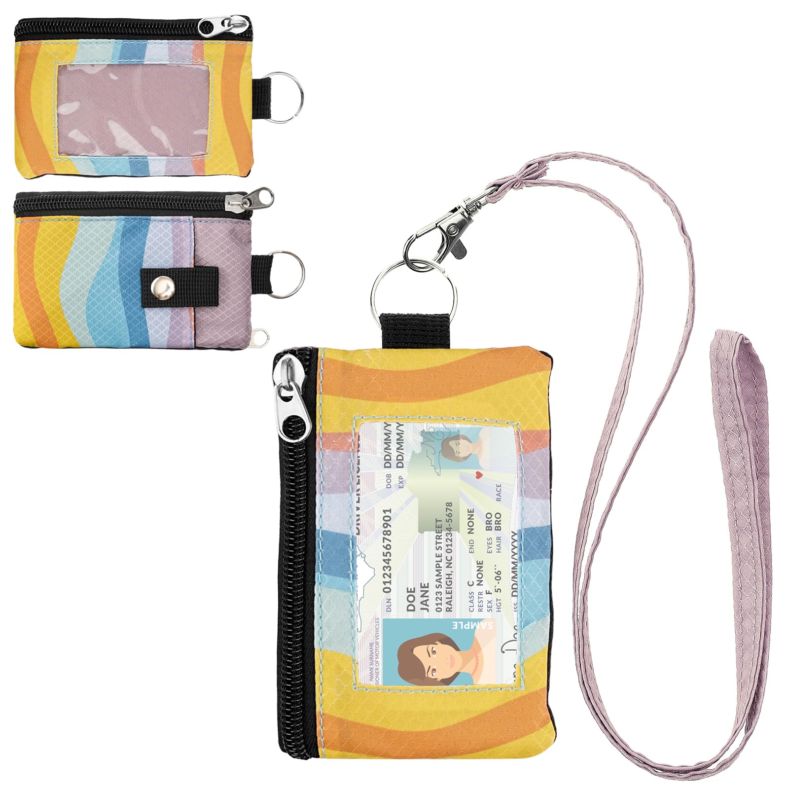 Minimalist RFID Wallet with Lanyard, Multi-functional ID Case with 2 Zipper Pockets and Key Chain for Men and Women, Tactical Badge Pouch Cards Holder, Coin Purse for Travel Sports - Two-Tone