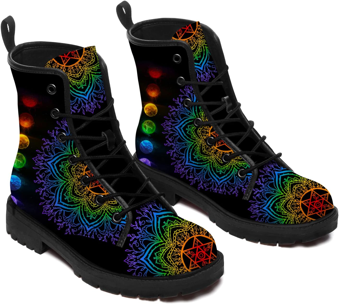 Chakras Boots Womens Mens Combat Boots Lace up Ankle Boots Work Waterproof Low Heel Booties Shoes Gifts for Women Men