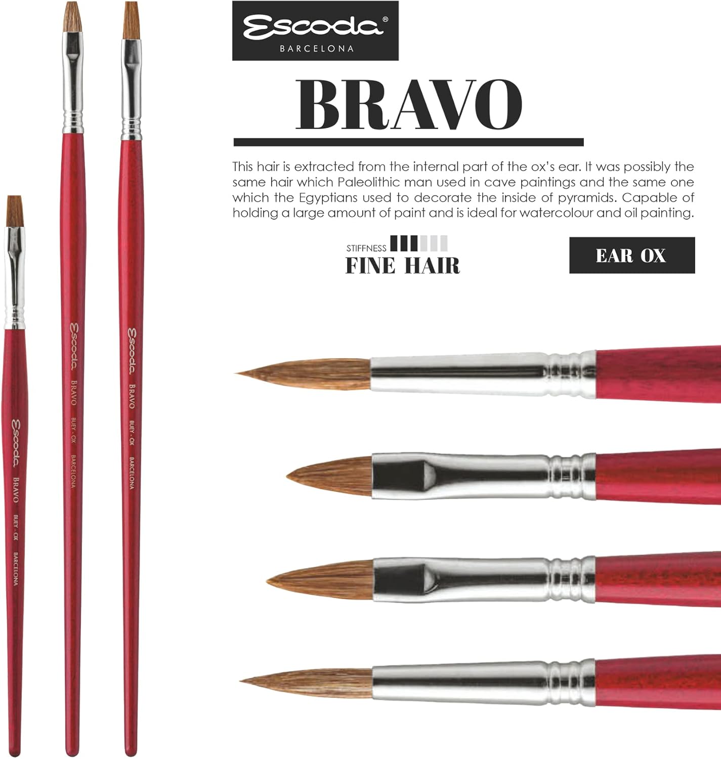 Escoda Bravo Series 3217 Artist Oil and Acrylic Paint Brush, Light Ox Hair, Filbert, Size 22
