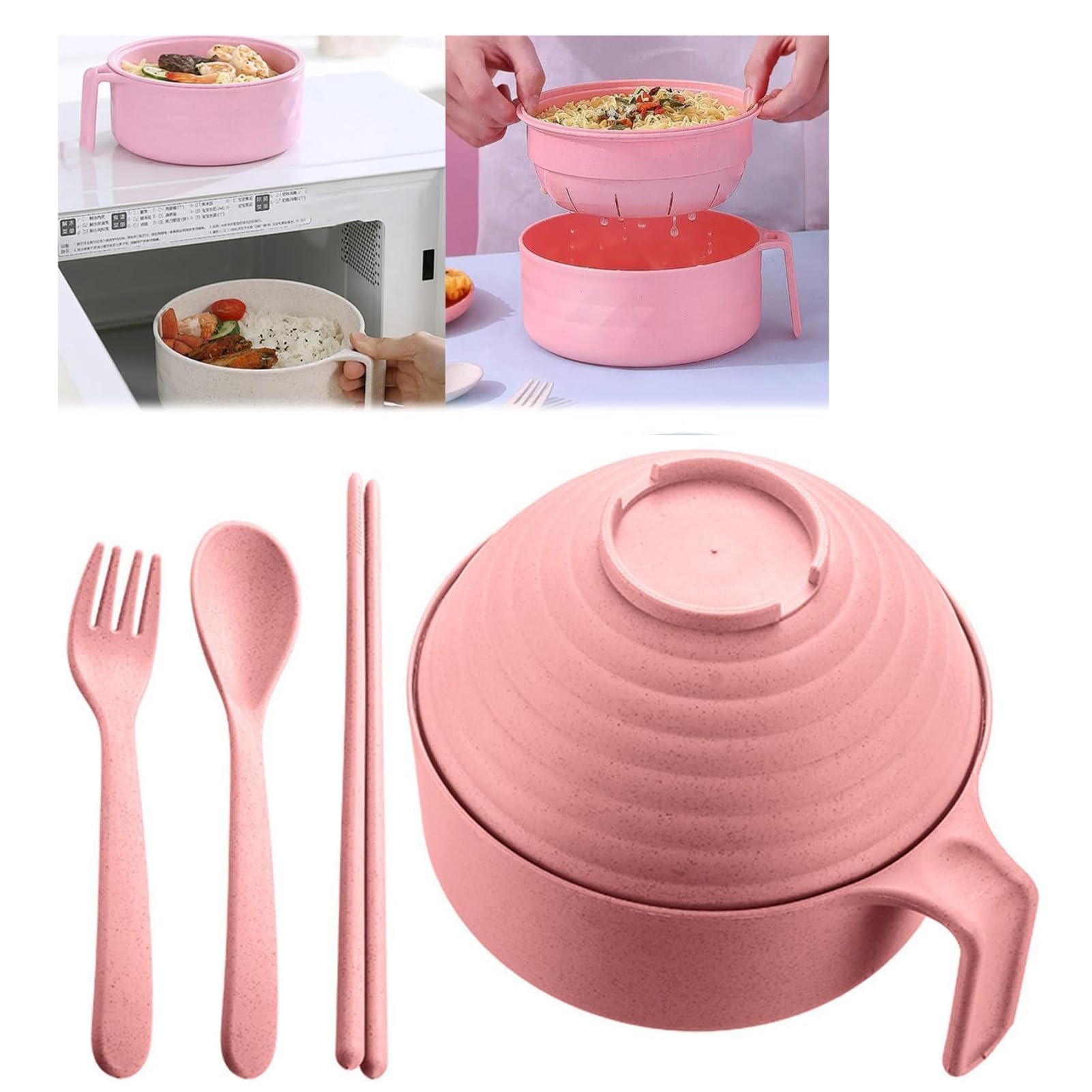 Fiauli Ramen Cooker Ramen Bowl Set,33 oz Microwave Noodle Cooker with Handle,Spoon Chopsticks Fork,Plastic Ramen Noodle Bowl,Microwavable Fast Ramen Pot College Dorm Room Apartment Essentials Pink