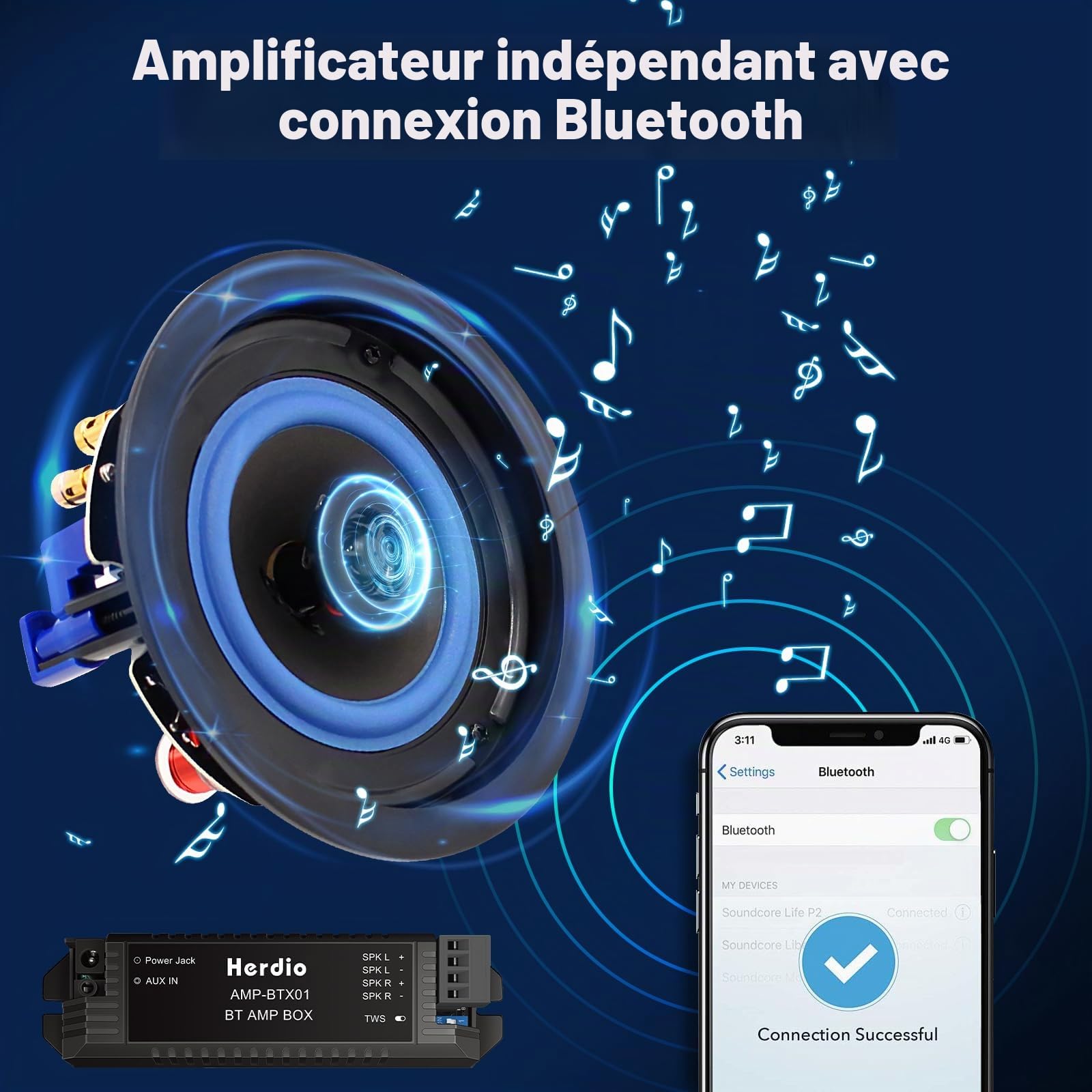 Herdio 4 Pouces 160 Watts Haut-Parleur de Plafond Bluetooth 2 Voies pour Salle de Bain, Cuisine, Terrasse (2 Pièces)