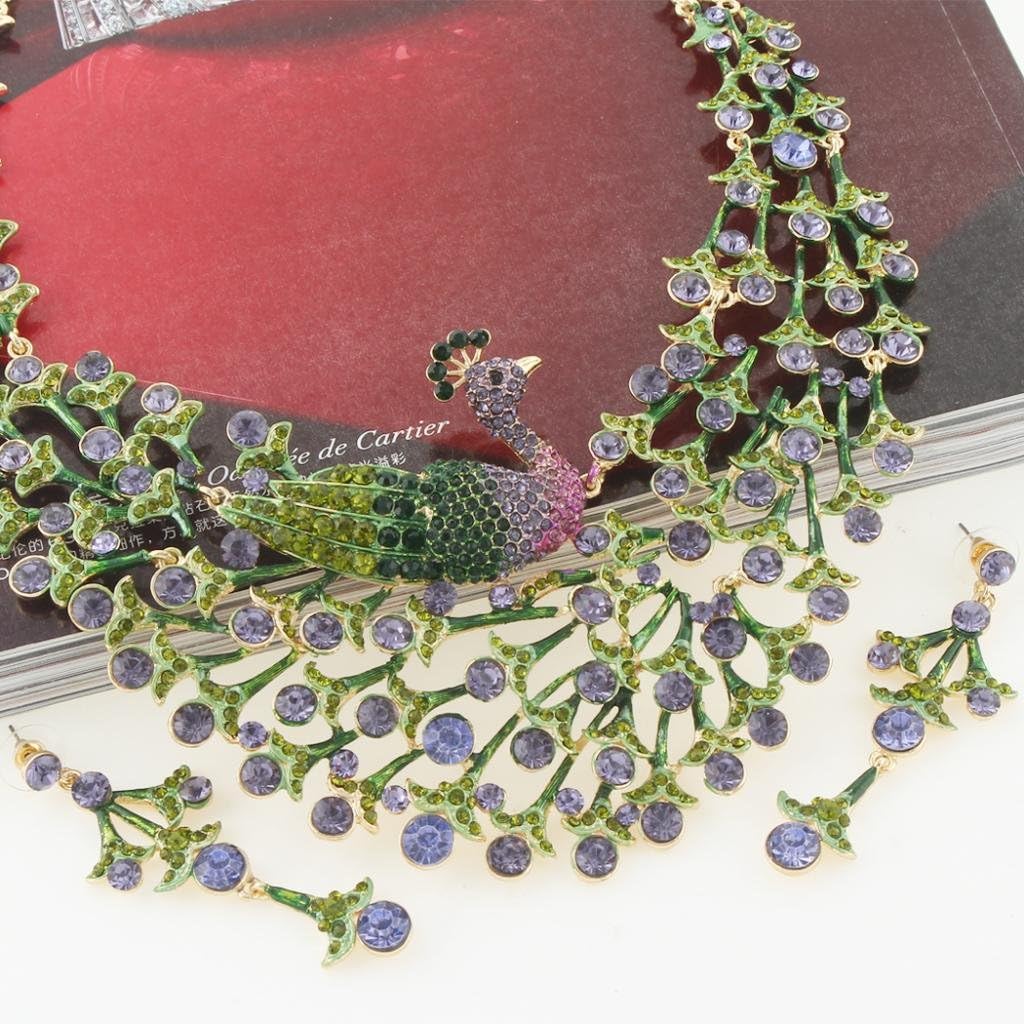 EVER FAITH Women's Austrian Crystal Enamel Peacock Statement Necklace Earrings Set Gold-Tone