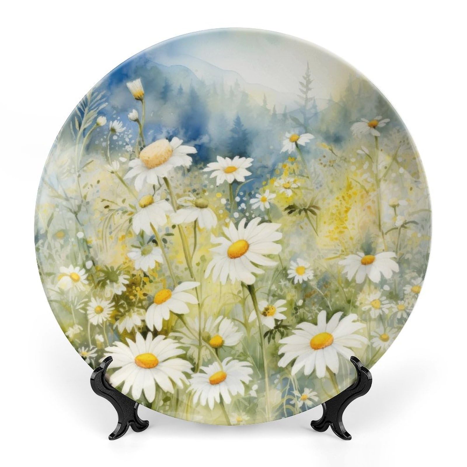 Gokays Daisy Flower Field Decorative Plates for Home Party, Watercolor Sunny Meadow Decor Tray for Table Display, Ceramic Dinner Plate W/Stand, Living Room Decor, Summer Party Supplies, 10 Inch