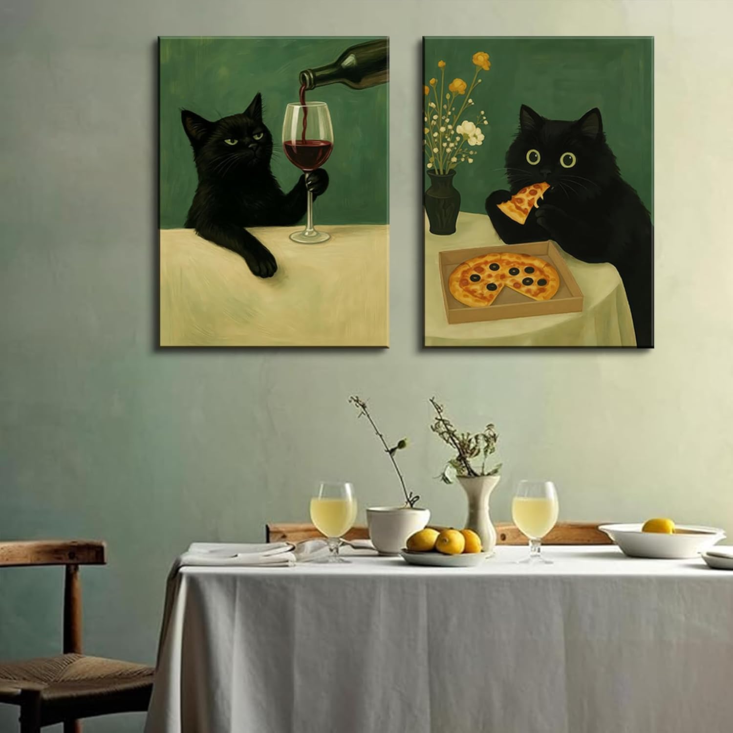 2Pcs Framed Black Cat Canvas Wall Art Moody Dark Green Wall Decor Cat Wine Pizza Posters Dark Humor Kitten Pictures Vintage Whimsical Animal Painting Prints for Kitchen Dining Room Home Decoration