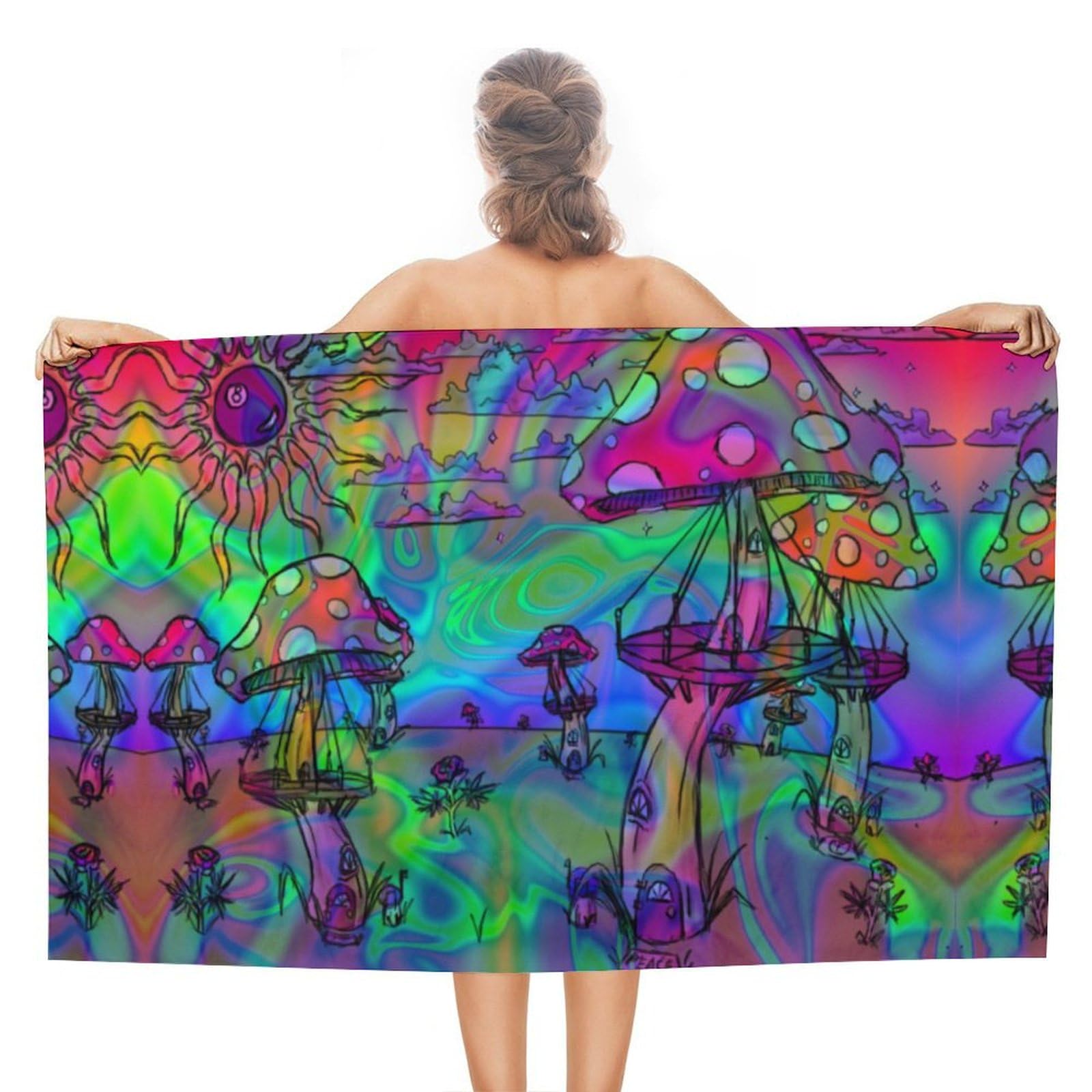 LEDFCVSU Beach Towel, Psychedelic Trippy Mushroom Bath Towel, Absorbent Towel for Swimming, Sports, Travel