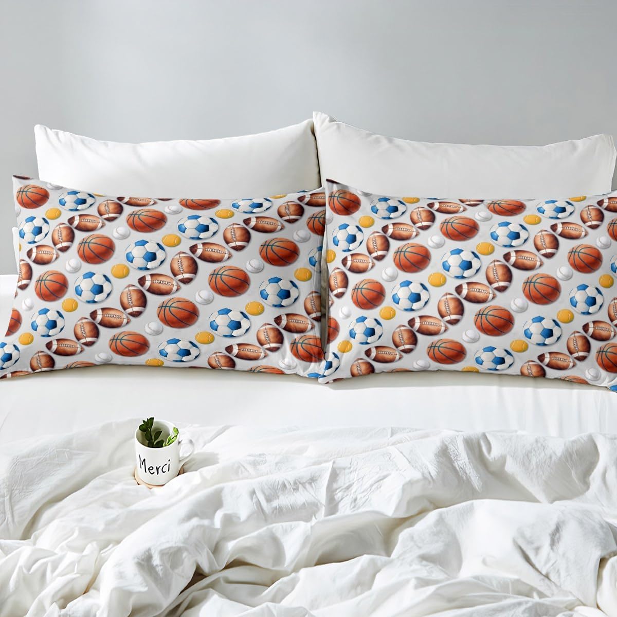 Feelyou Soccer Football Duvet Cover Twin Size Basketball Baseball Softball Sport Theme Bedding Set for Boys Girls Light Gray Comforter Cover Bedroom Decor 2Pcs with 1 Pillowcase (No Comforter)