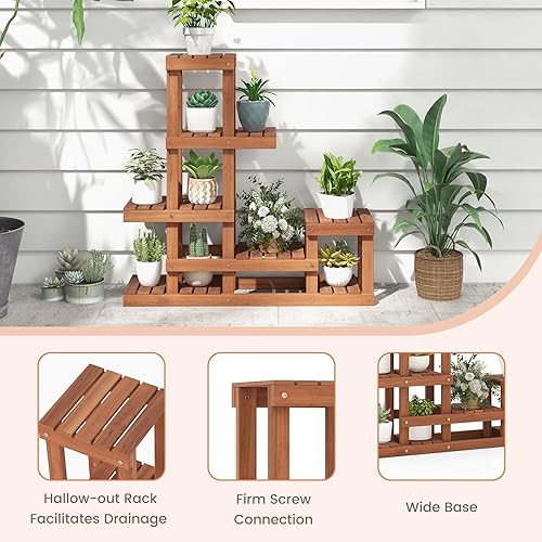 Miniatura 7 de Giantex Shorea - Soporte de madera para plantas de 6 niveles, estante escalonado para múltiples plantas en maceta con estructura alta y baja,