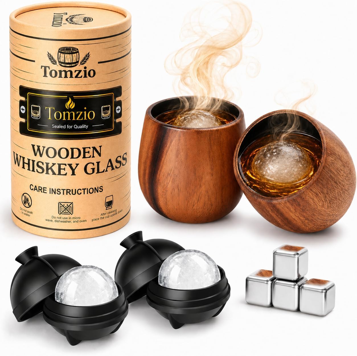 Charred Wooden Bourbon Drinking Glass Set of 2,11oz Handcrafted Premium Acacia Whiskey Tumbler,4 Stones & 2 Ice Ball Molds,Charred Old Fashioned Glass,Unique Bourbon Gifts for Men