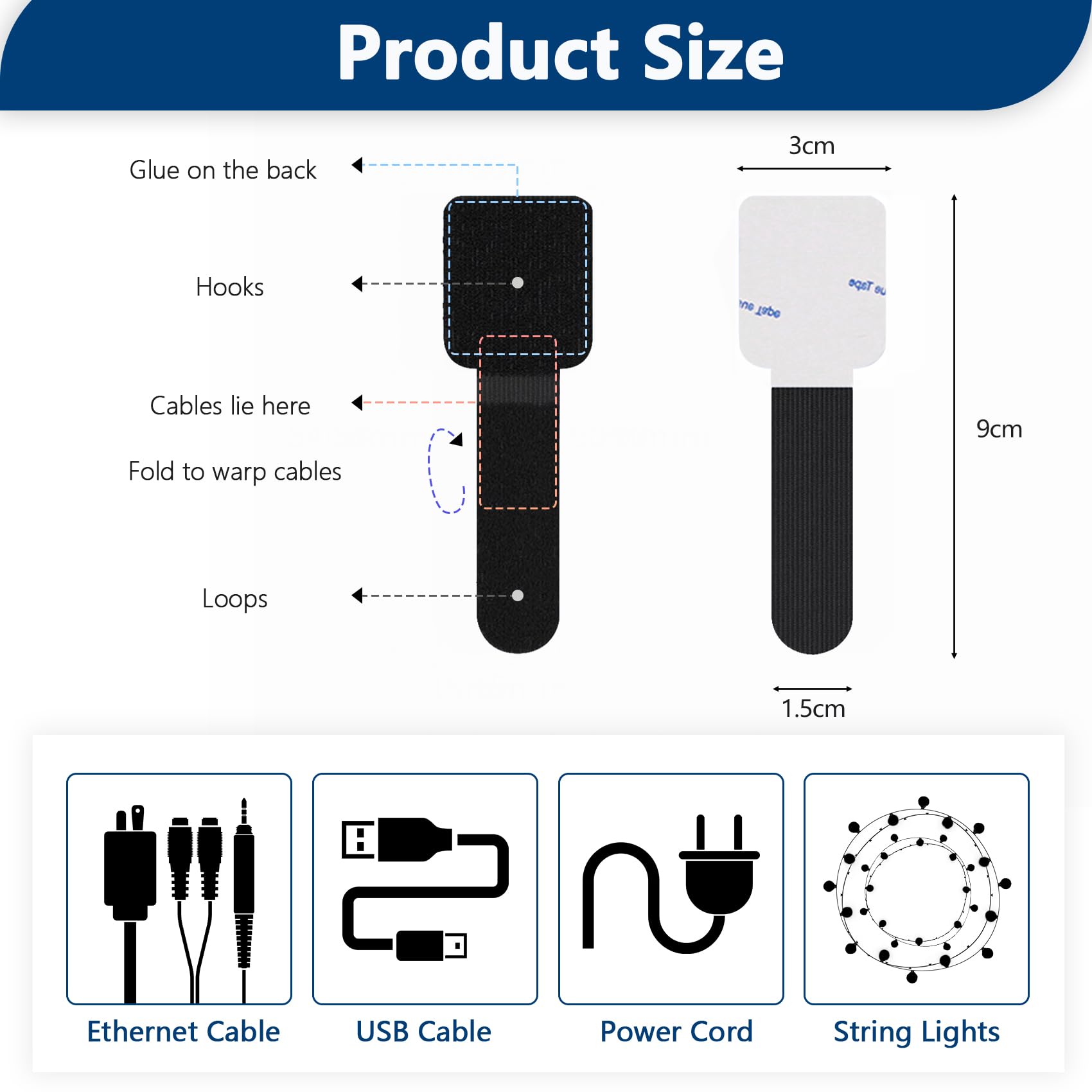 Abnii 50 pezzi per la gestione dei cavi da scrivania, fascette stringicavo autoadesive in velcro, organizer per cavi da scrivania, clip per cavi per TV, catena luminosa, nero, piccolo