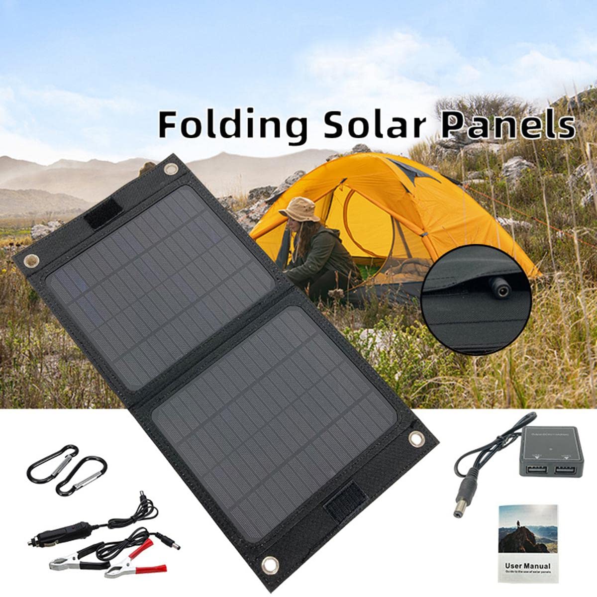 Chargeur Solaire, Chargeur Solaire Portable 20W avec Port USB Panneau Solaire Pliable Camping Randonnée Voyage Compact Chargeur de Téléphone à Énergie Solaire pour Tablette Ordinateur Portable Télép