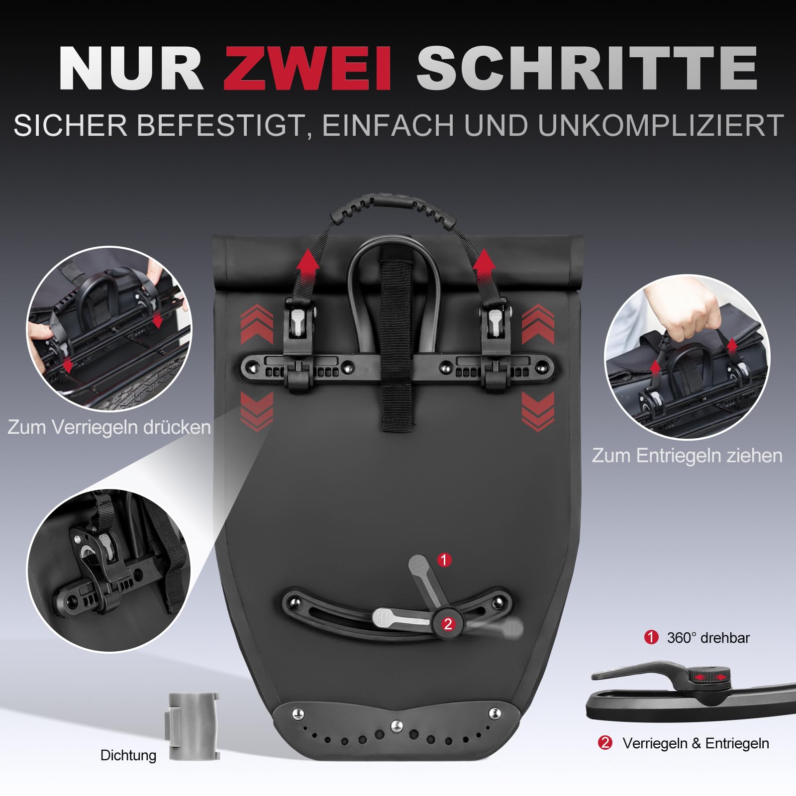 Hycline Fahrradtasche wasserdichte Gepäckträgertasche 2×28L - 3in1 Fahrrad Taschen Hinten Gepäckträger, mit Tragegriff, Schultergurt und Reflektoren, einfache Befestigung für Pendler, Reisen | Schnellverschluss-Systemgriff, Crossbody-Schultergurt, reflekt