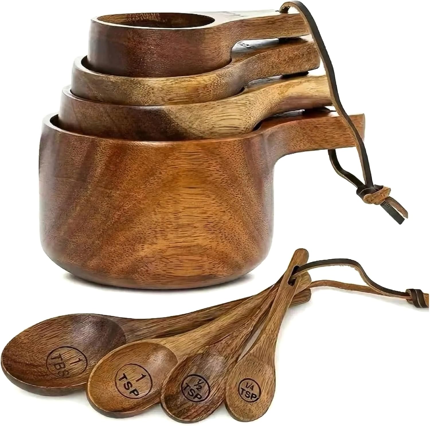 8 Piece Wooden Measuring Cups and Spoons Set, Handcrafted Kitchen Tool with Tablespoon and Teaspoon for Dry Ingredients, Natural Baking Accessory for Cooking