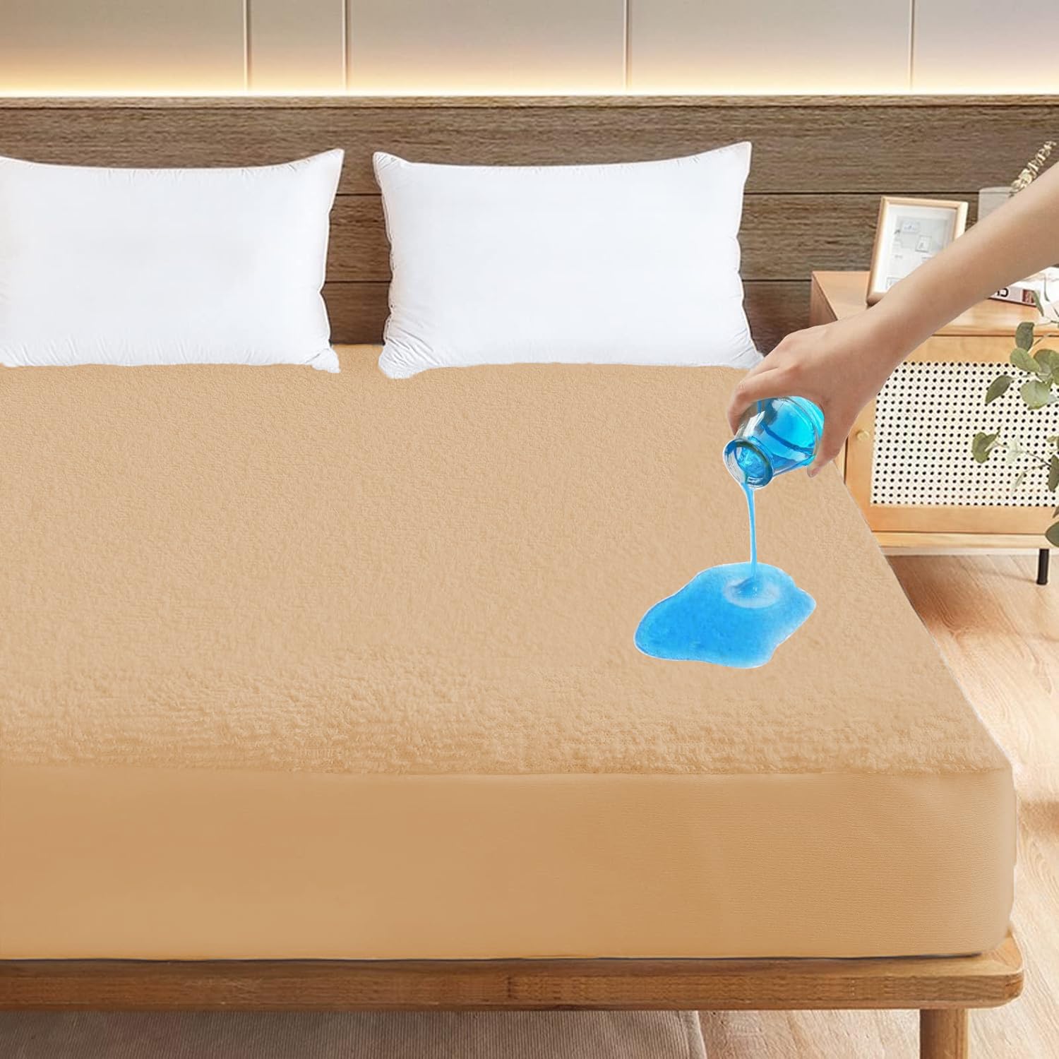LINENWALAS 100% Waterproof Premium Cotton Feel Mattress Protector|Breathable and Hypoallergenic Ultra Soft Fitted Bed Protector Cover (75”x60” Fits Upto 10 Inches Mattress, Beige)-image-25