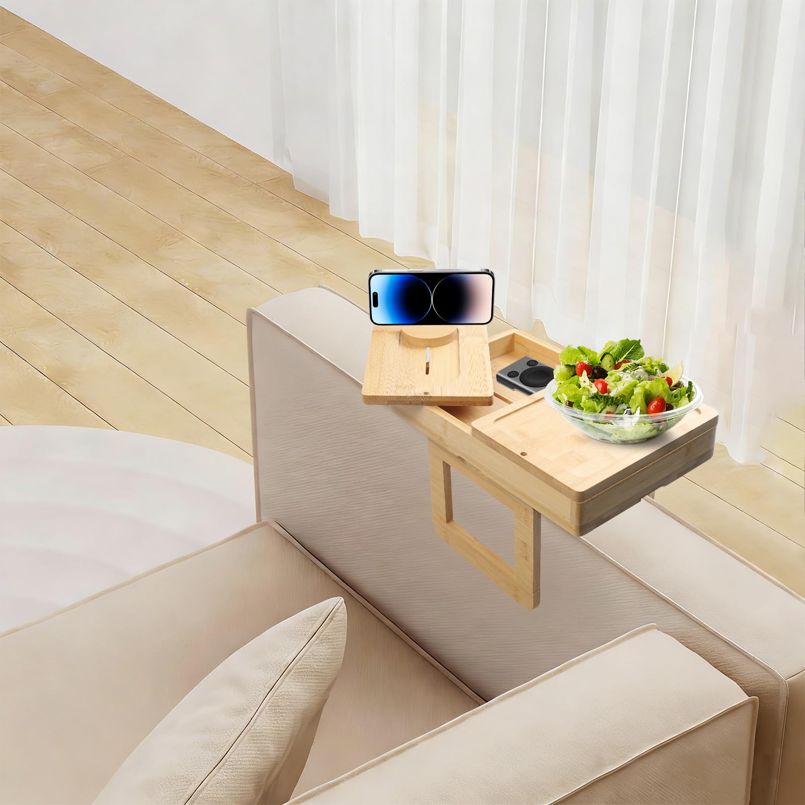 Couch Arm Armlehne mit Aufbewahrungsbox, 180° Drehbare Tischplatte und Telefonständer, Couch Tablett Sofatablett mit Telefonständer für Wohnzimmer Getränke Knabbereien Essen