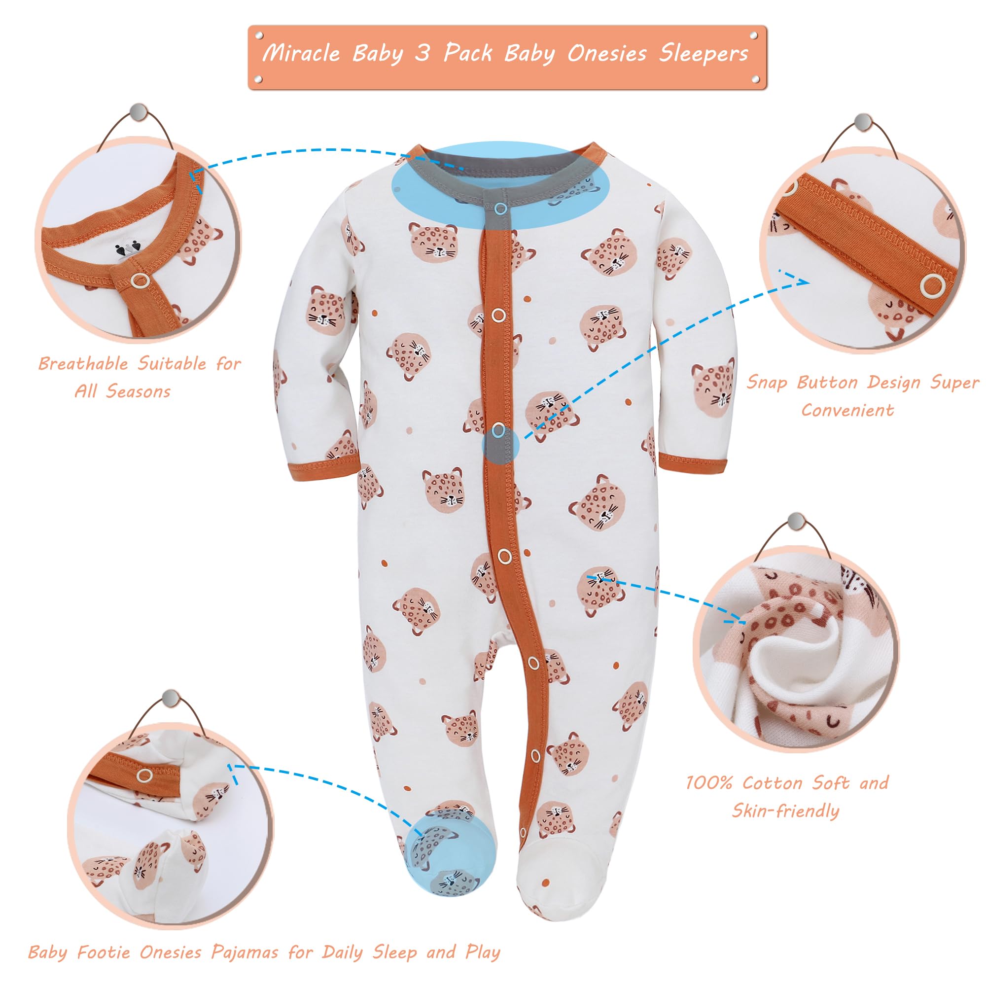 Miracle Baby 3 Pezzi Neonato Pagliaccetto Tutine Neonato Cotone Manica Lunga con Bottoni Bambino Pigiama Gr. 56 62 68 per Ragazze Ragazzi