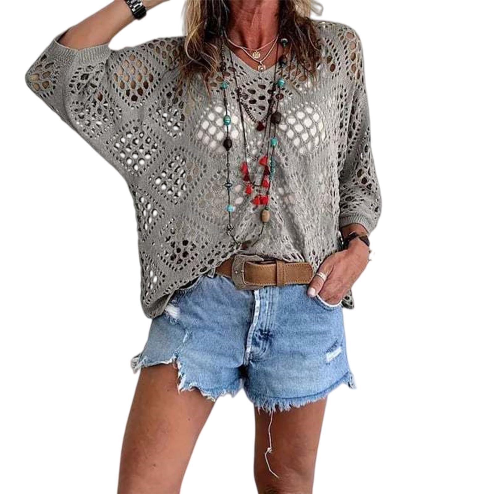 Olygee Women's Gray V Neck Crochet Top 3/4 Sleeve Bohemian Hollow Out Beach Cover Up (,M)
