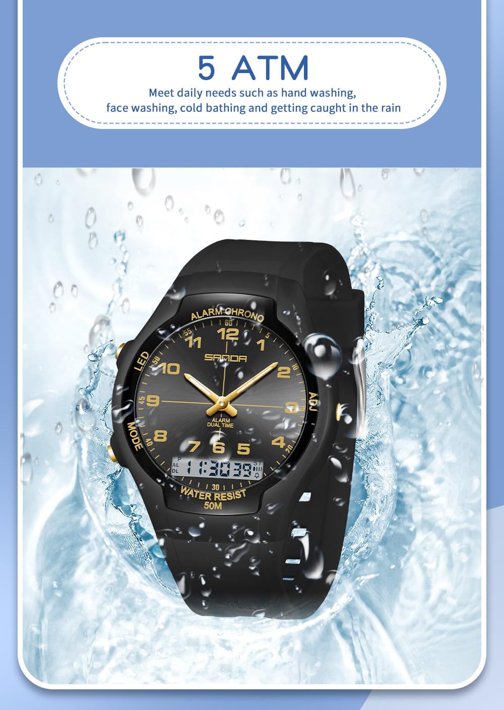 Gosasa Montre de sport analogique et numérique double fuseau horaire étanche jusqu'à 50 m Alarme chronographe Rétroéclairage LED Montre bracelet en silicone