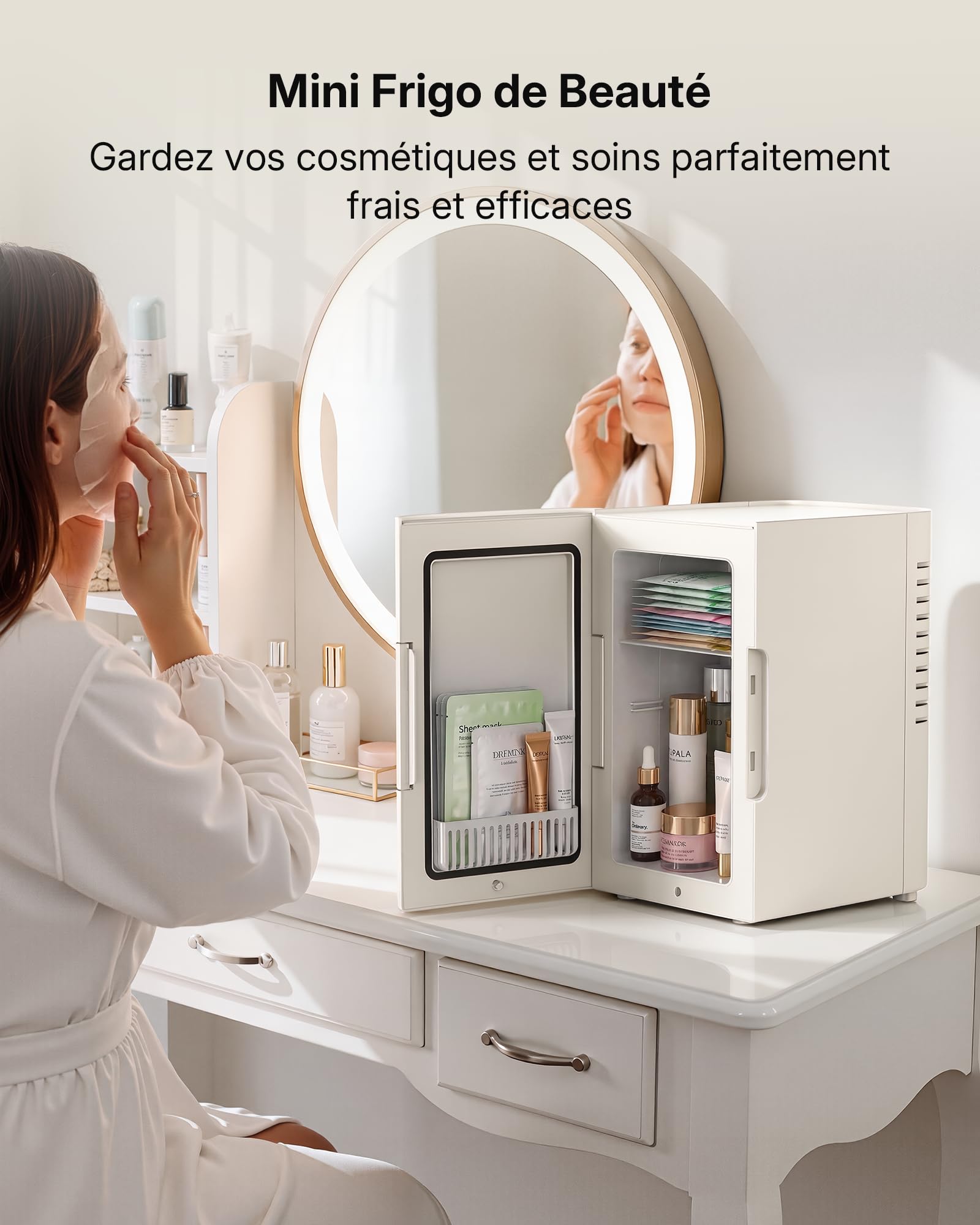 Upstreman Mini Frigo de Chambre 6L, Petit Fridge Avec fiche CA 220V / CC 12V, pour Bureau Dortoir Voiture Camping, Refroidissement et Chauffage, pour Cosmétique Red Bull Boissons Beauté, TR6 Blanc