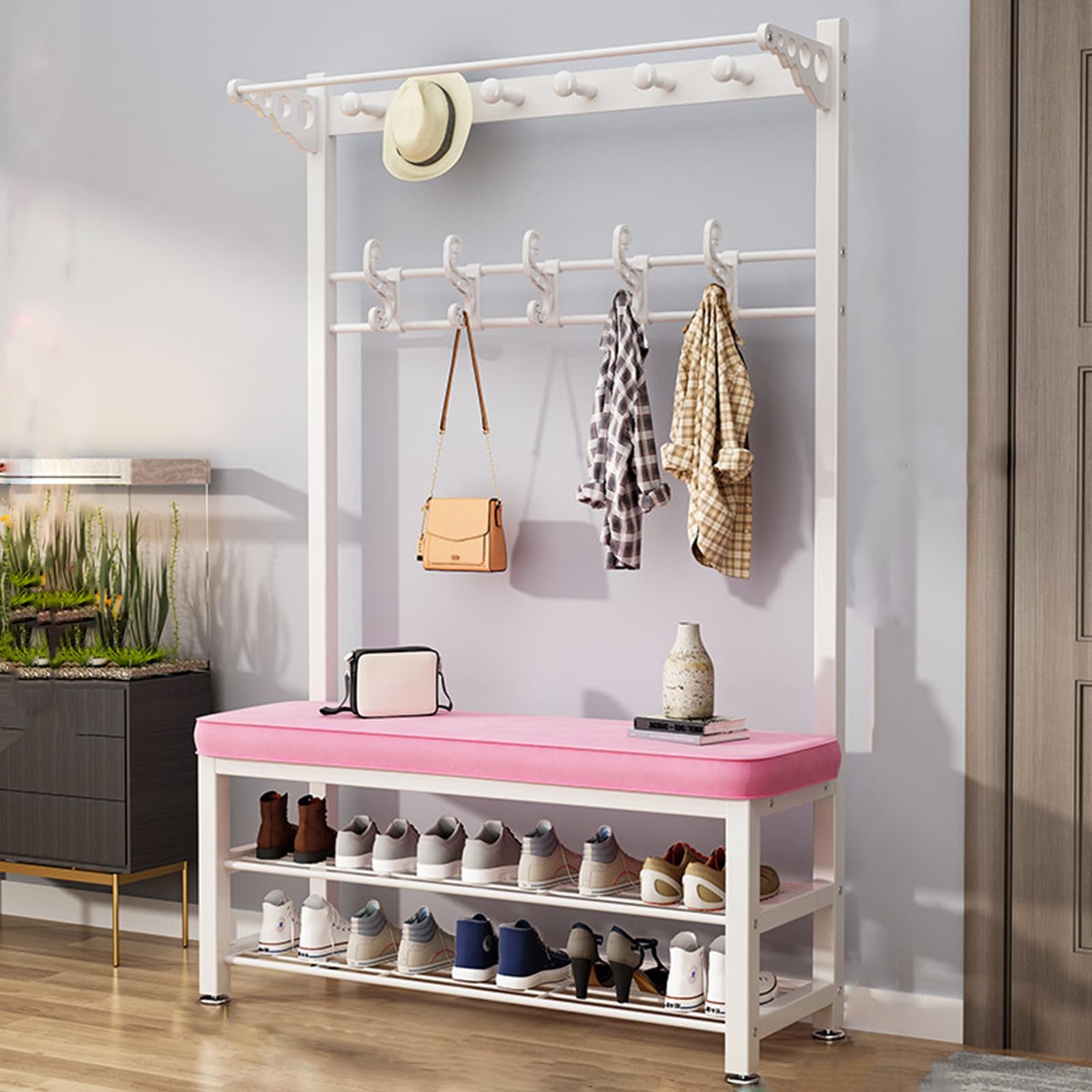 MYUYEE Coat Rack, Hall Tree With Shoe Bench For Entryway, With Shoe Storage Bench 3-In-1 Shoe Rack Different Heights, Entryway Bench With Coat Rack,Wood Look Accent Furniture Wi(B-80Cm)