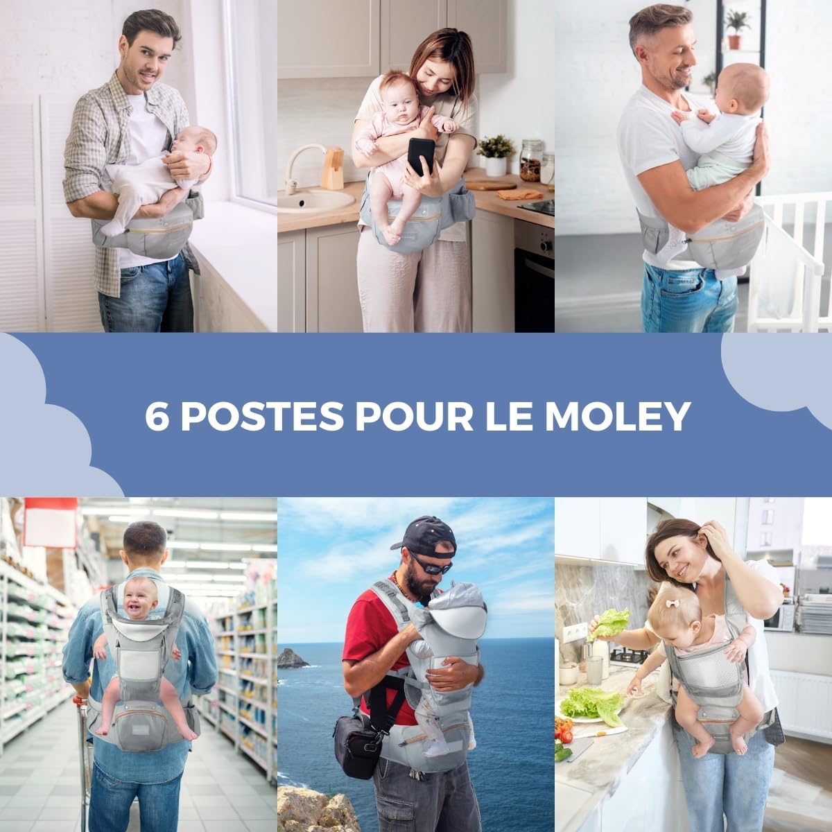 Mobiclinic® kids, Porte-bébé, 6 en 1, Moley, Multiposition, Pliable, Poche zippée, Porte-biberon, Coton premium doux, 0-36 mois, Pour nouveau-nés et enfants (gris)