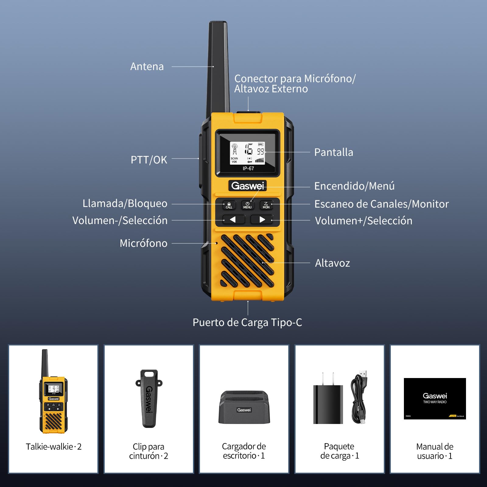 G1pro Walkie Talkies de Alto Rendimiento con Gran Alcance para Adultos, radios de Emergencia Recargables, Canales con batería de Iones de Litio, IP67 Resistente al Agua (2 Unidades)