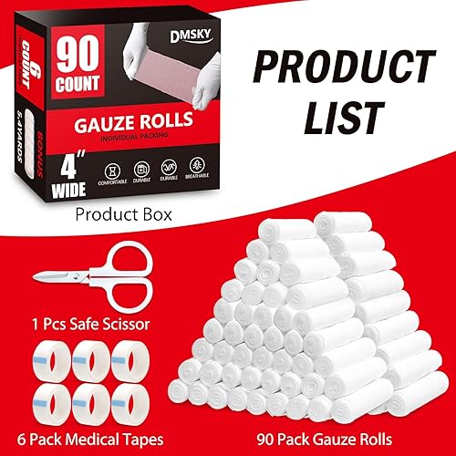 Miniatura 2 de DMSKY Rollos de Gasa Paquete de 90, 4 pulgadas x 4.1 yardas, Rollo de Vendaje de Gasa Envuelto Individualmente para Heridas, Vendaje de Gasa
