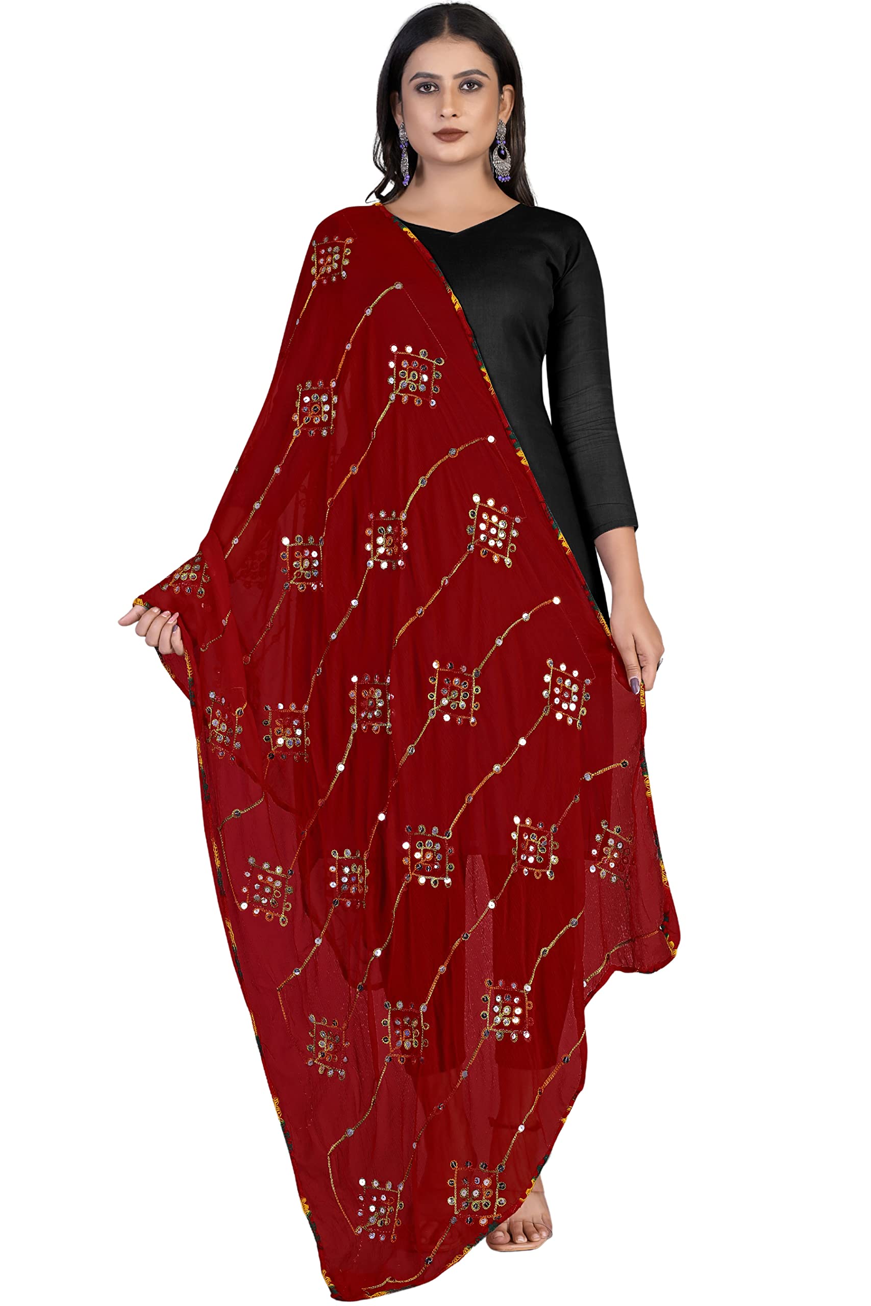 KEMZAWomen's Embroidered Mirror Work Chiffon Dupatta