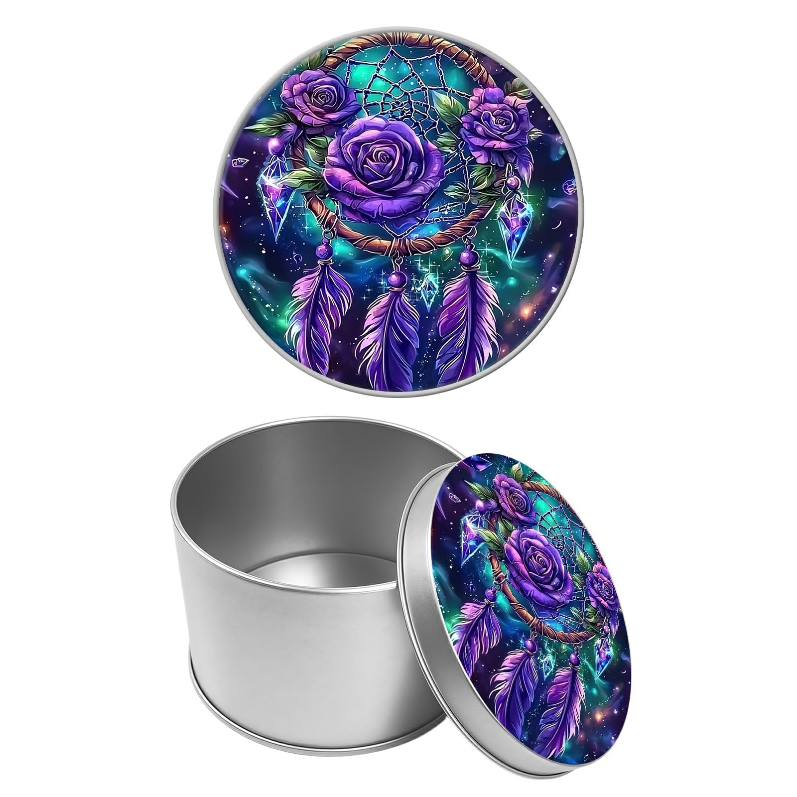 Round Metal Tin Container with Removable Lid, Purple Rose Dreamcatcher Durable Metal Storage Box for Cookies Spices Tea Candies Cakes Jewelry Cosmetics 3.54 x 2.36 inch– Single Pack