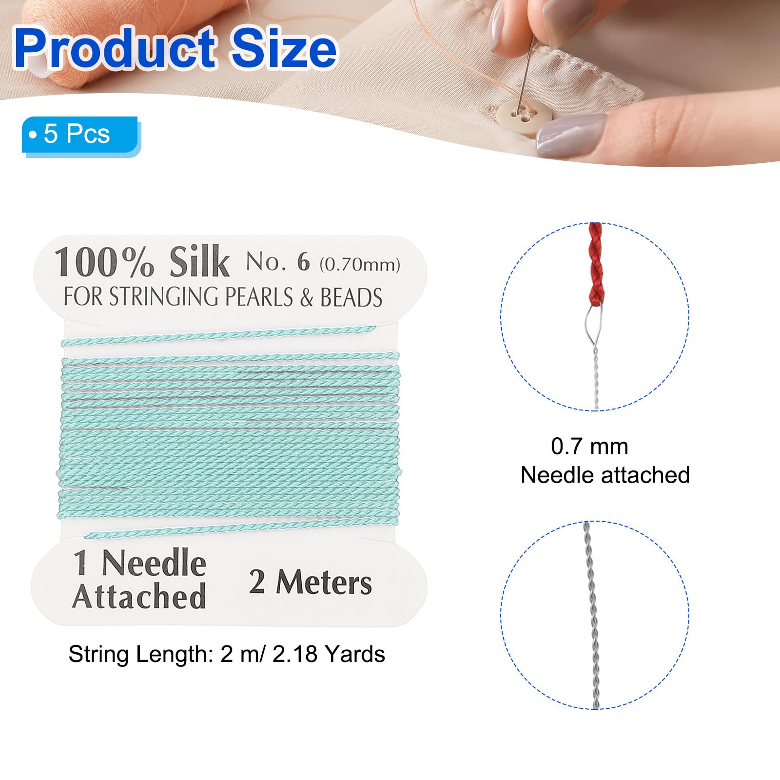 PATIKIL Silk Cord Thread, 5 Pcs Pure Silk Beading Thread Cord Size 0.7 mm with the Knotting Pearls Needle Attached, Blue Green - Image 2