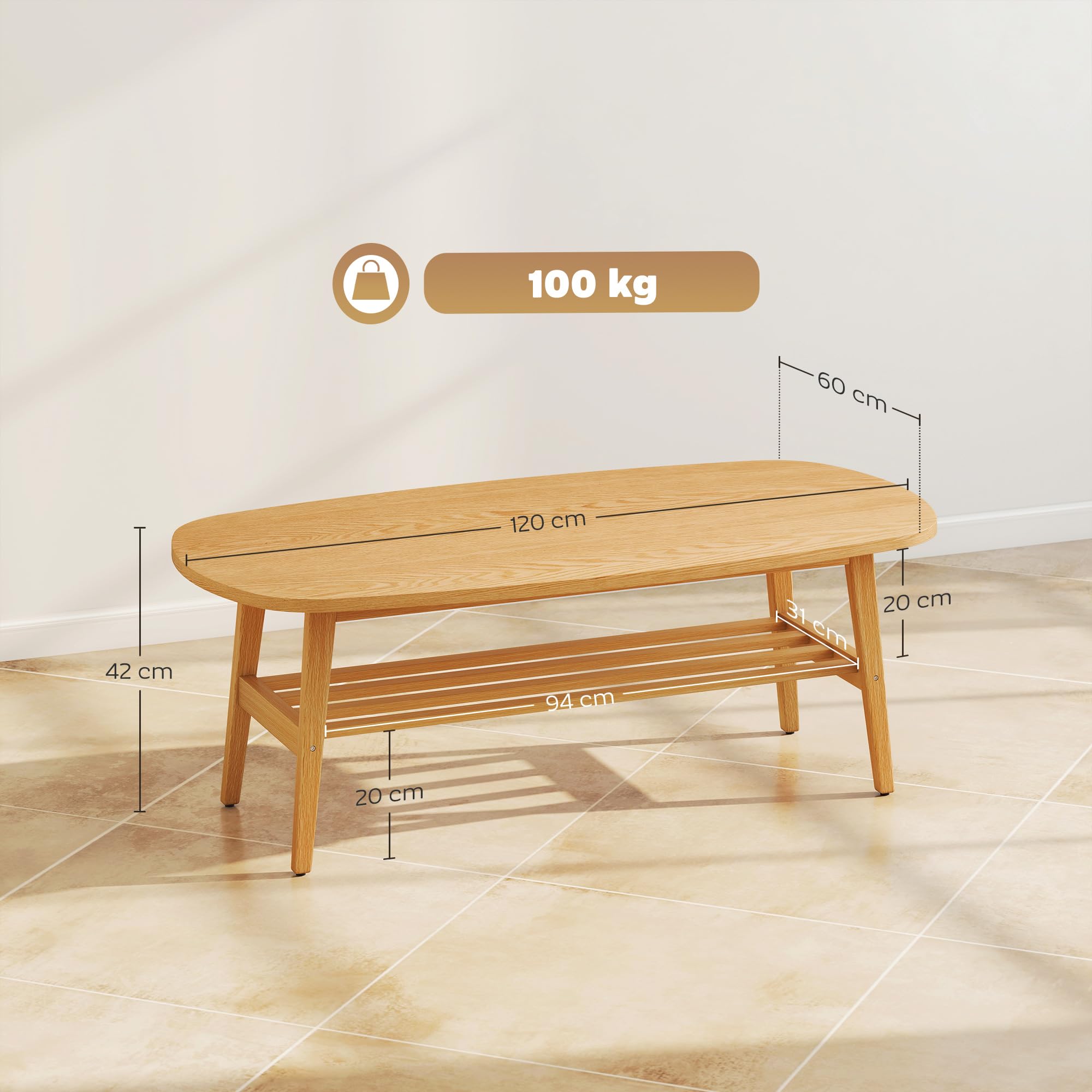 HOMCOM Mesa de Centro de 2 Niveles para Dormitorio 120x60x42cm Natural | Mesa Baja para Salón Moderno, Estante Abierto Inferior, Patas de Madera de Caucho, para Sala de Estar